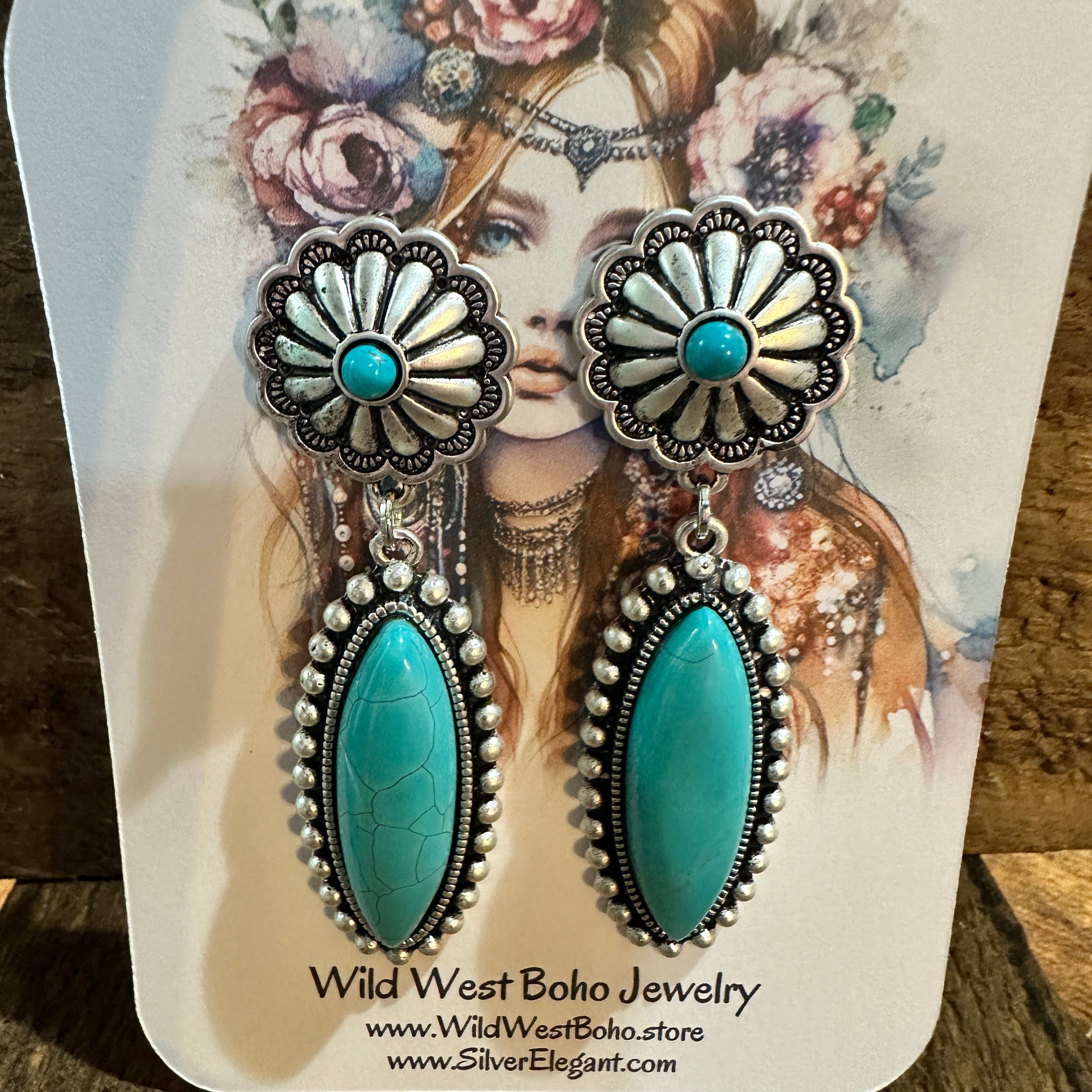 Other Turquoise Concho Stud Drop Earrings, Native American Design, Size ONE SIZE - 4 Thumbnail
