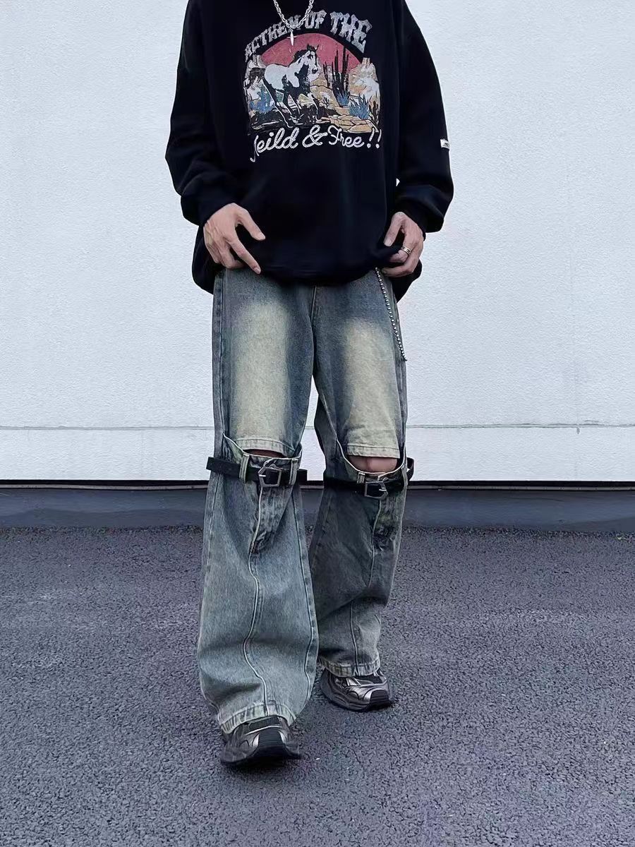 Street Hip Hop Washed Knee Tie Design Loose Jeans