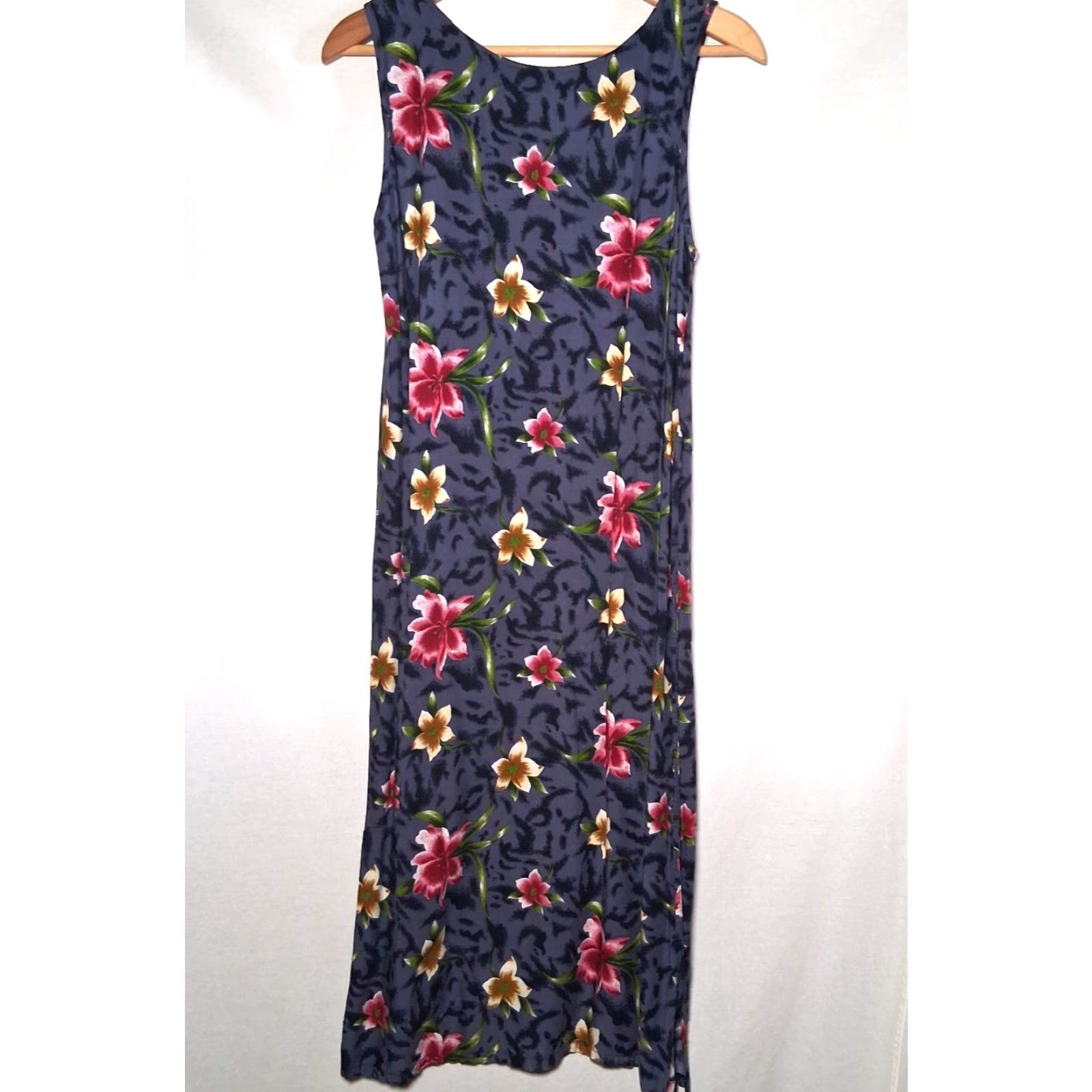 Vintage VINTAGE Jane Ashley Dress Sundress PM Blue Floral 90s Tropical Hibiscus Plumeria Rayon Long Women Ladies Size M / US 6-8 / IT 42-44 - 3 Thumbnail