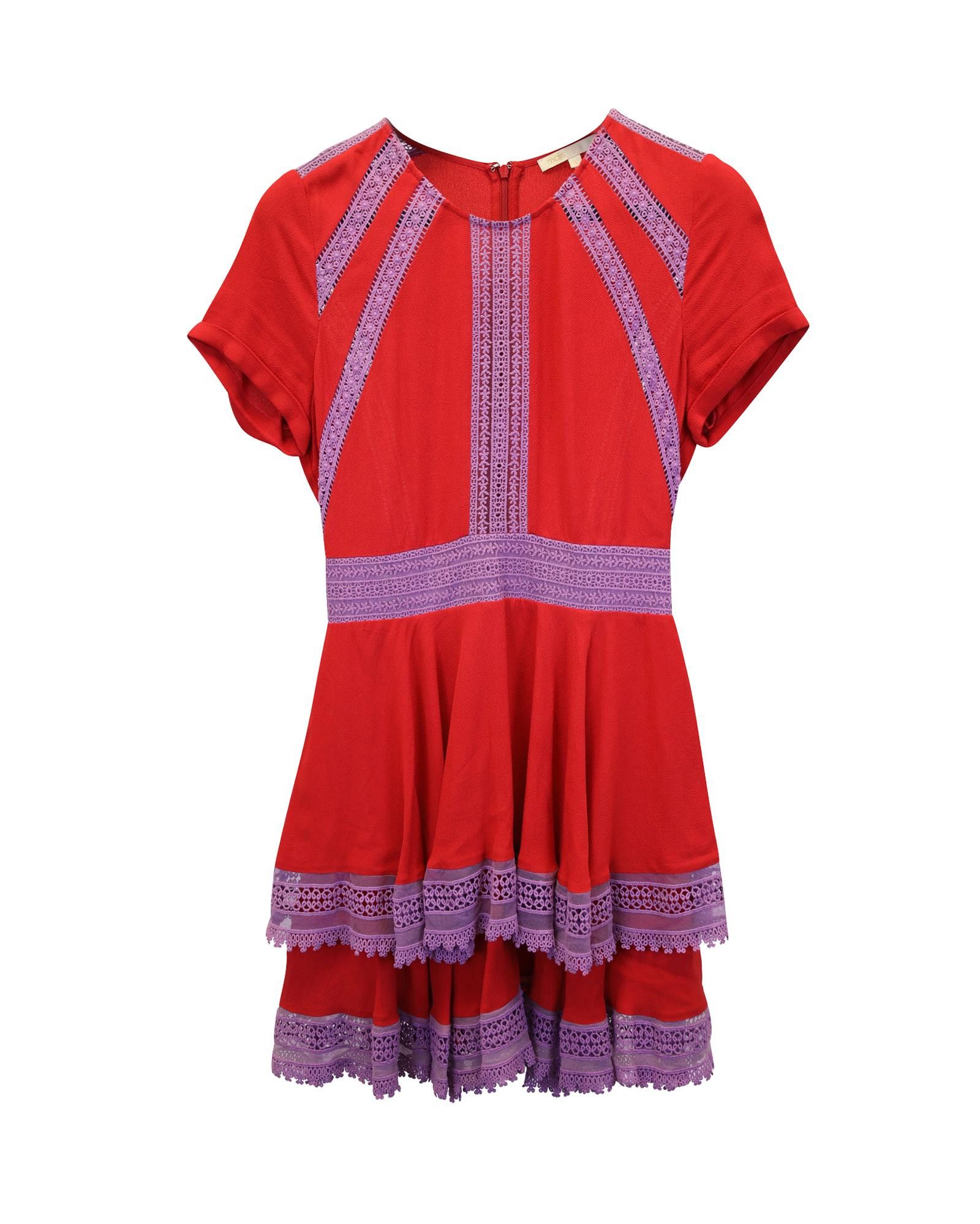 image of Lace-Trimmed Mini Dress In Red Viscose By Maje, Women's (Size Small)