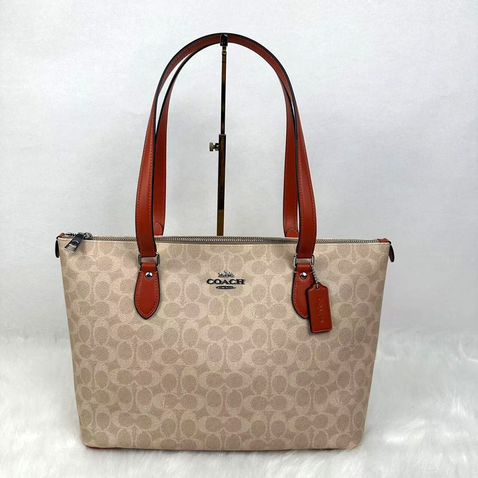 Coach Gallery Tote In Signature Canvas Sand/Deep Orange NWT