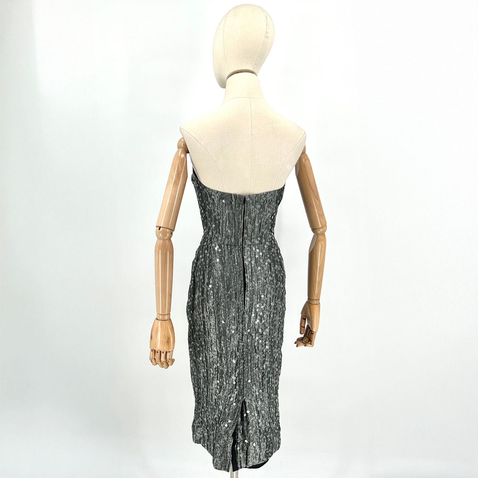 Vintage 90s Jacques Azagury Silver Sequin Silk Strapless Boned Dress Size S / US 4 / IT 40 - 4 Thumbnail