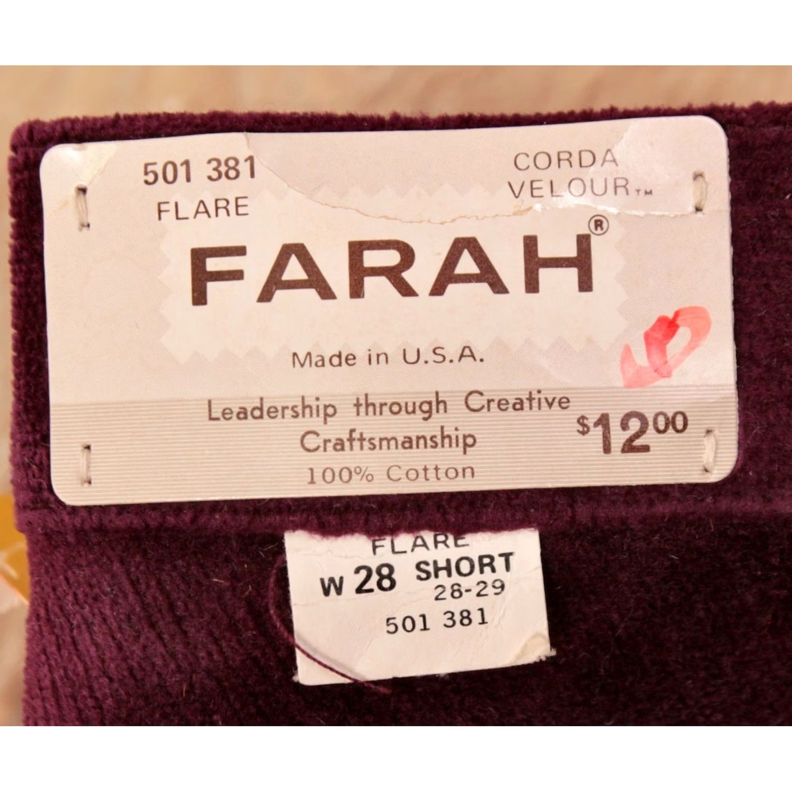 Farah VINTAGE Farah 60s Pants Flare Men’s VTG 1960s NOS Velvet Wine Burgundy 28 Short Hippy Jeans Shirt? Size US 28 / EU 44 - 4 Thumbnail