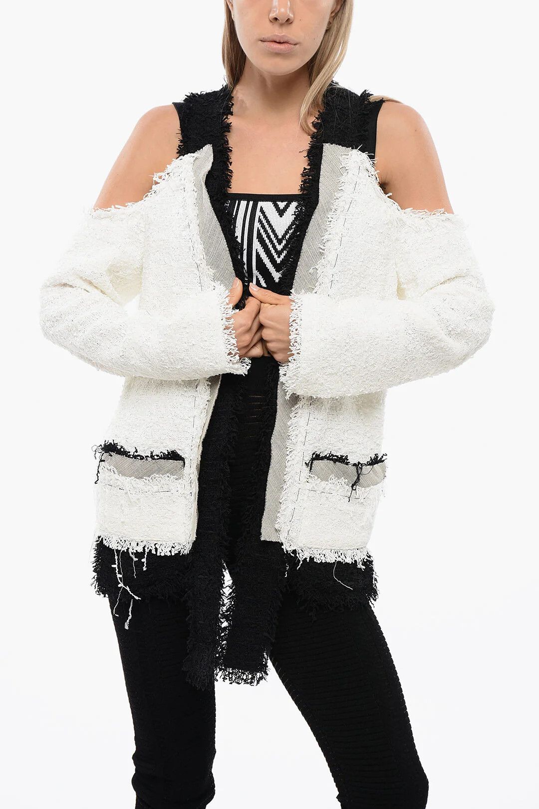 Balmain og1mm0326 Cold-Shoulder Tweed Blazer in Black/White Size S / US 4 / IT 40 - 1 Thumbnail