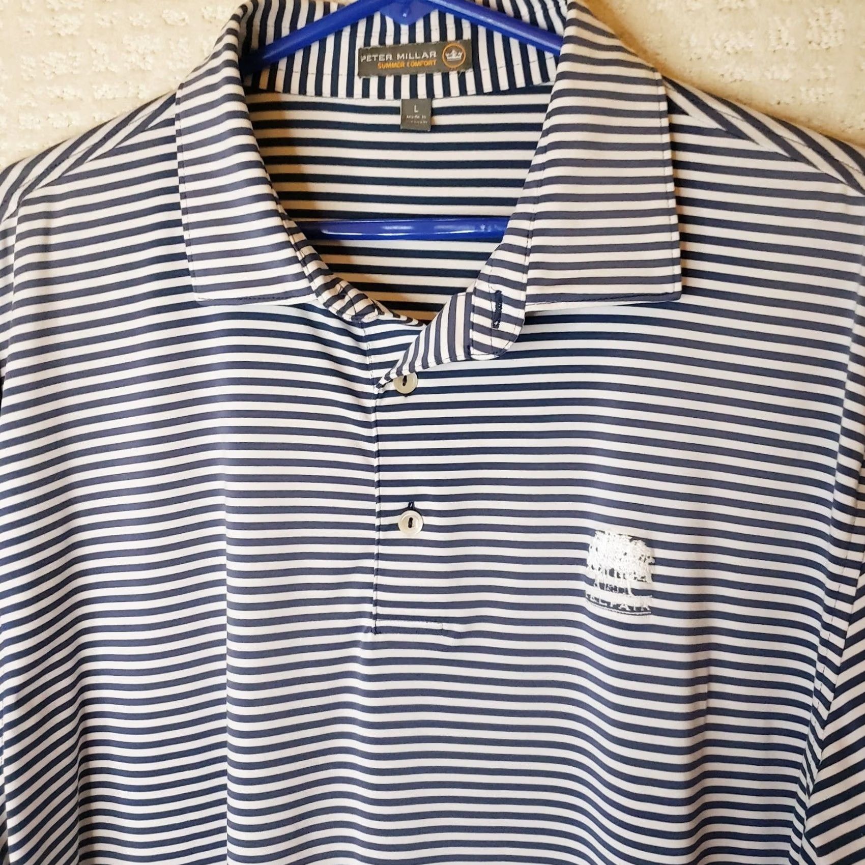 Peter Millar Peter Millar Summer Comfort Polo Shirt Navy Blue White Striped Golf L Crown Shirt Mens L Blue White Striped Polo Size US L / EU 52-54 / 3 - 4 Thumbnail