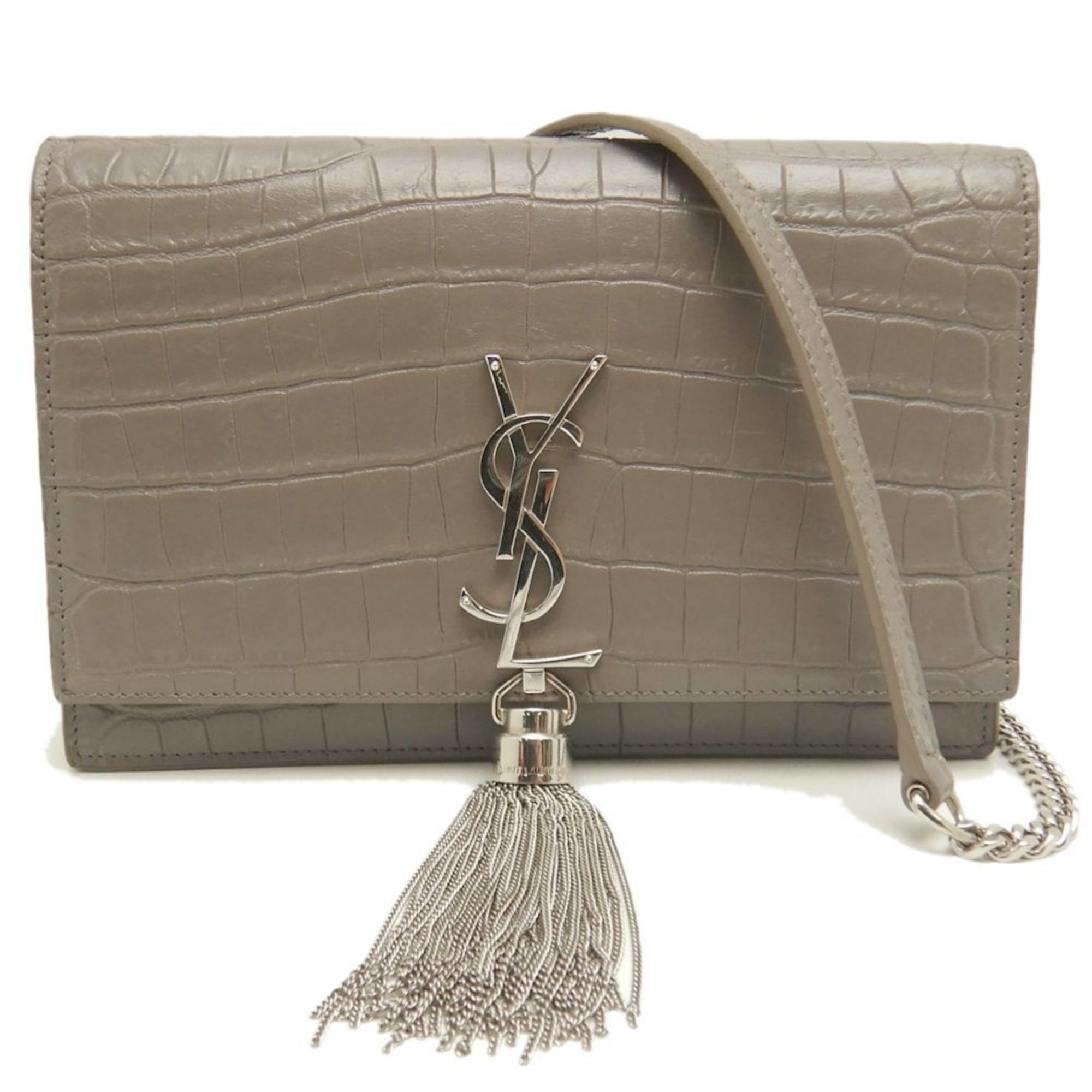 YVES Saint Laurent Chain Wallet Kate Embossed Leather 452159 Shoulder Bag Greige Women's 253619