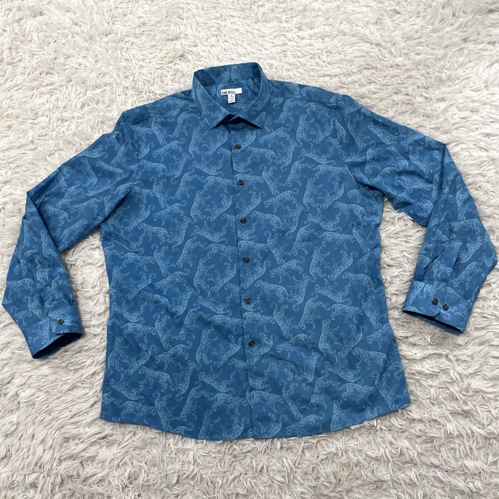 Bar III BAR III JAGUAR Dress Shirt Men XL 17 17.5 Teal Blue Cat Print Button Shirt 50" Size 46R - 2 Thumbnail