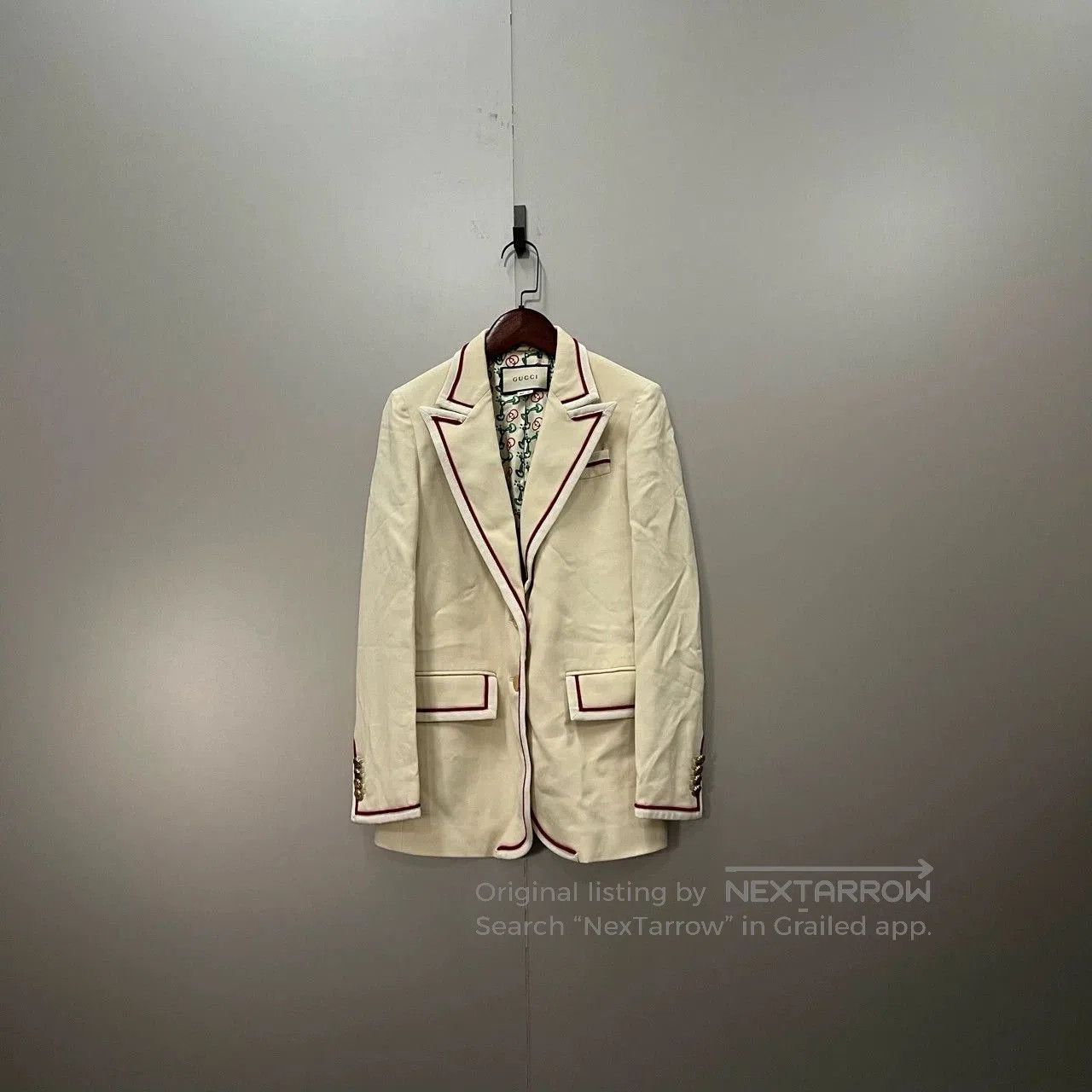 gucci double G striped blazer in beige.