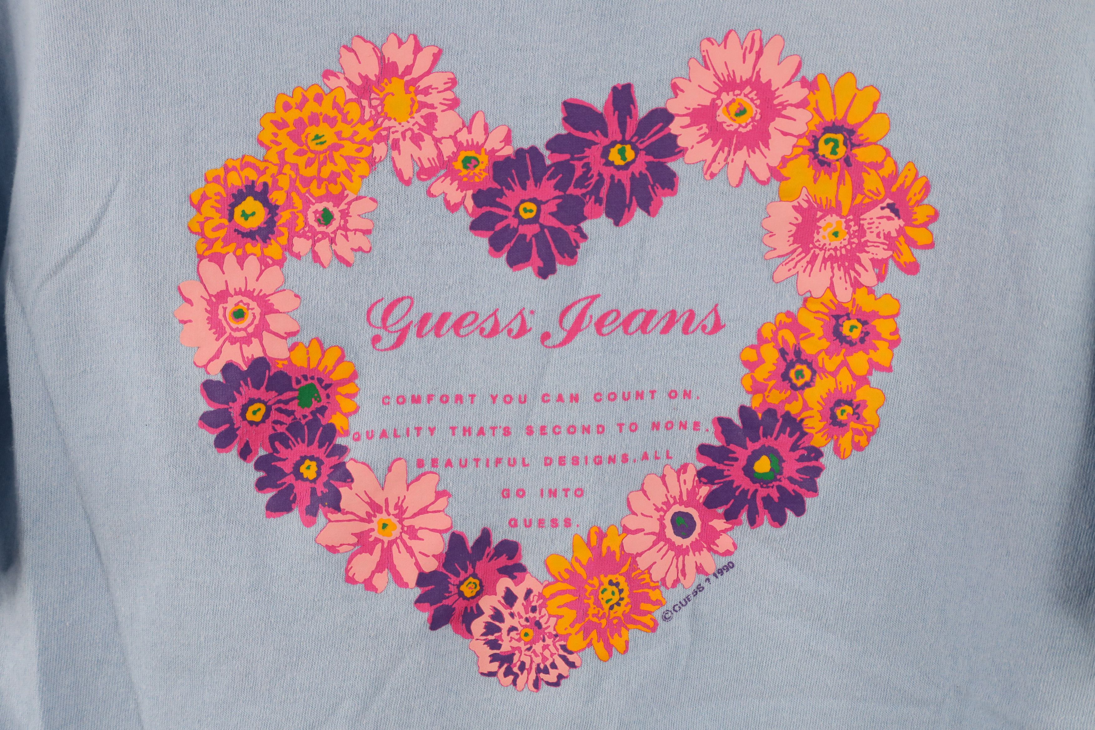 Guess × Vintage Vintage 90s Guess Heart Flower T-Shirt Blue Cotton USA Size M / US 6-8 / IT 42-44 - 4 Thumbnail