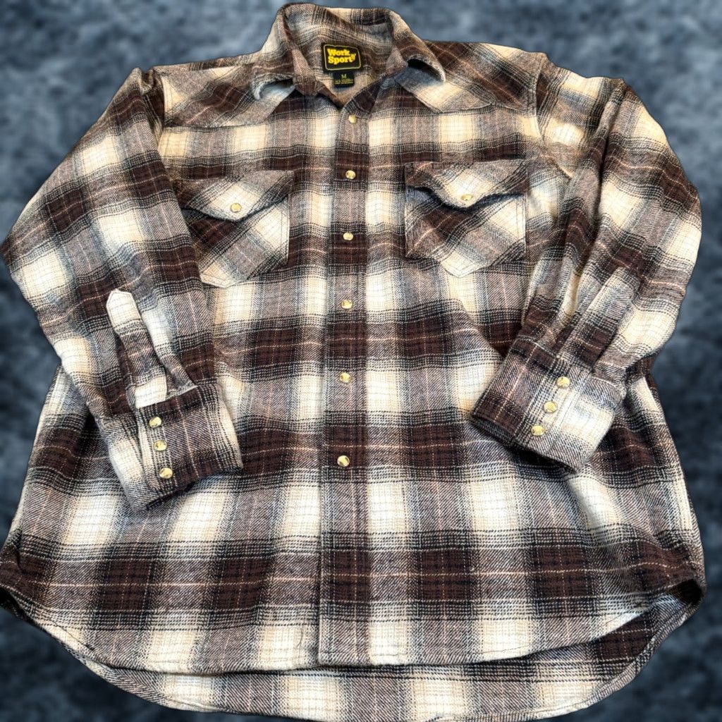 Vintage Work n Sport Brown Plaid Heavy Flannel Pearl Snap Western Shirt Mens M Size US M / EU 48-50 / 2 - 1 Thumbnail