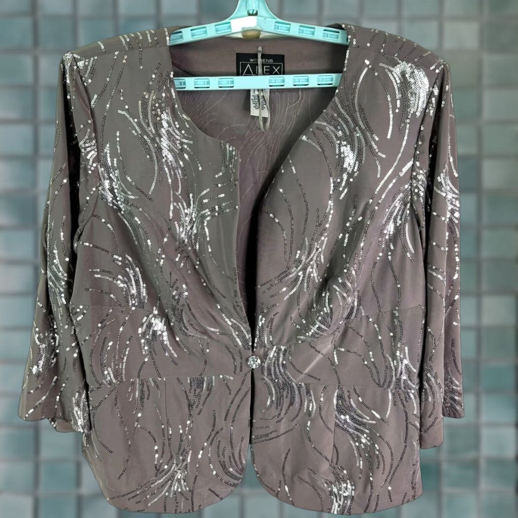 Alex Evenings ALEX Evening Womens Blazer 18W Shawl Lapel Gray Silver Sequin Geometric 50% Polyspanx Regular Size 18W Womens Size XXL / US 16-18 / IT 52-54 - 1 Thumbnail
