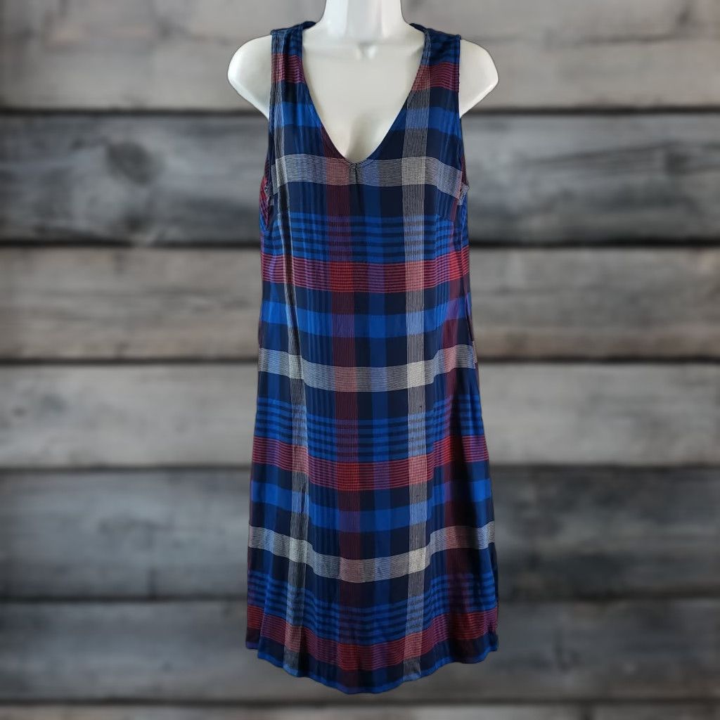 KAVU Kavu Womens Dress S Plaid Blue Red Sleeveless V-Neck Rayon Knee Length A-Line Womens Size S / US 4 / IT 40 - 1 Thumbnail
