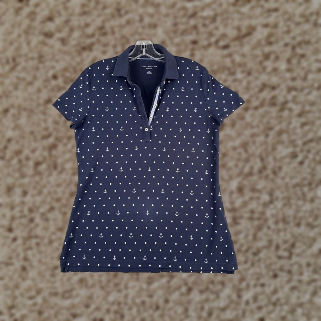 Tommy Hilfiger Tommy Hilfiger Polo Shirt Women Large Blue White Polka Dot Anchor Cotton Blend Shirt Size L / US 10 / IT 46 - 1 Thumbnail
