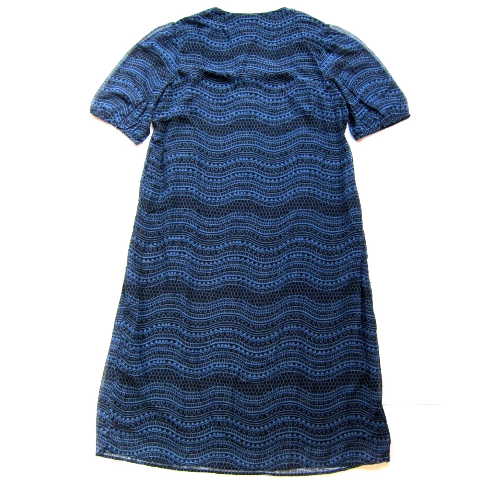 Vintage eShakti Maxi Dress Geometric Blue Black Sheer Short Sleeve V-Neck Pocket Long XL Size 40" / US 18 - 2 Thumbnail