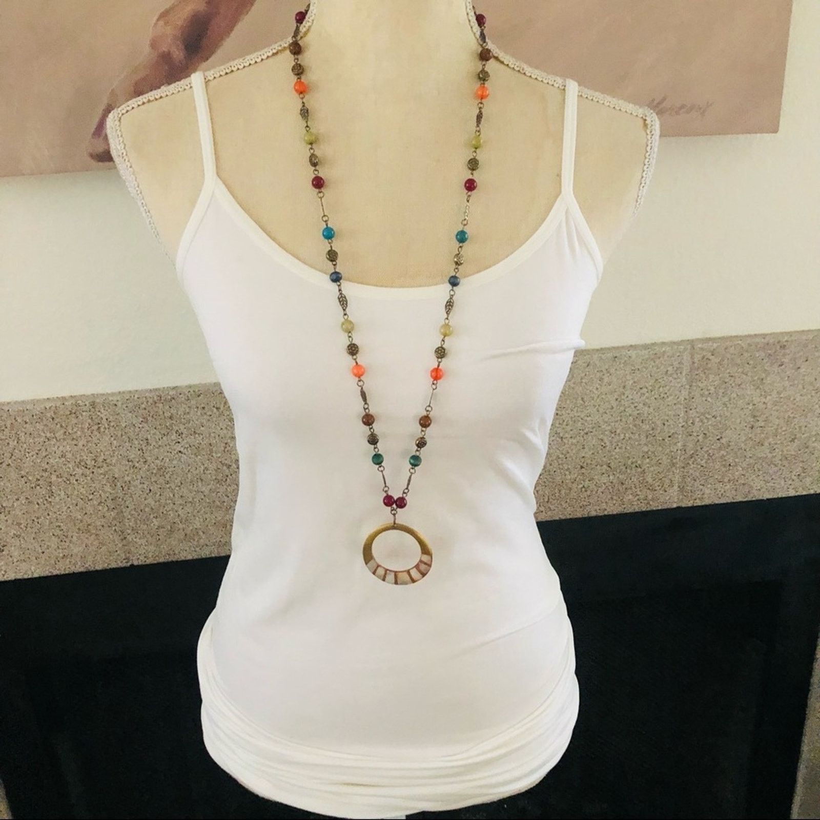 Jewelry Natural inlaid shell medallion colorful marble brass neckla Size ONE SIZE - 4 Thumbnail