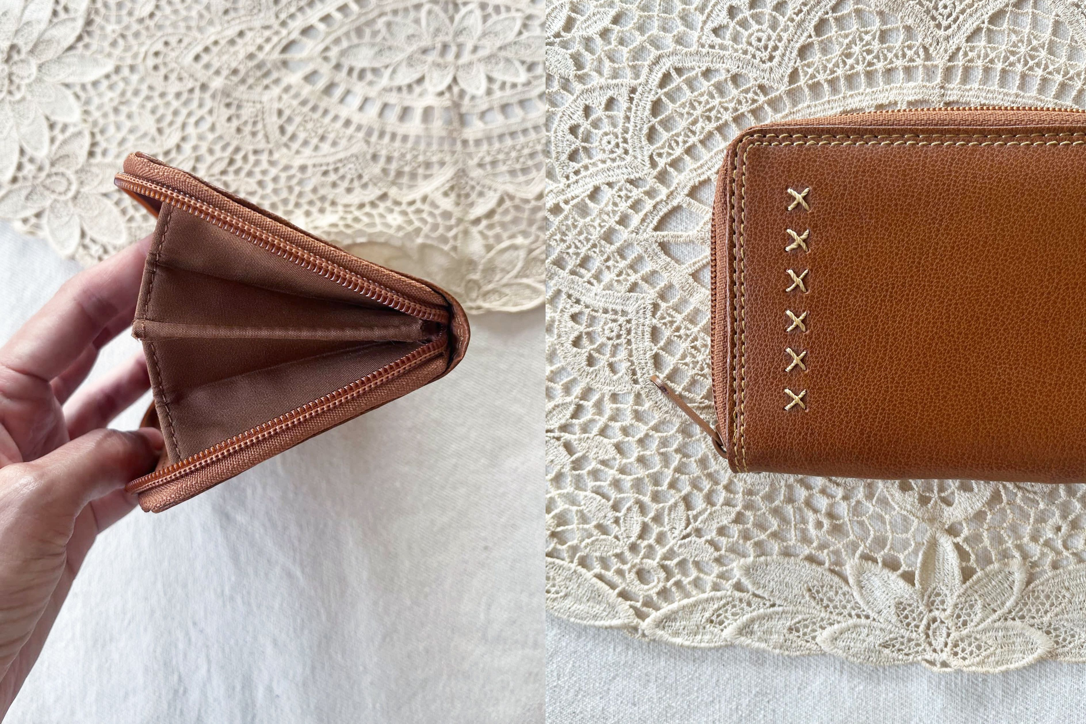 Vintage Caramel faux leather zip up short wallet with x stitch Size ONE SIZE - 6 Thumbnail