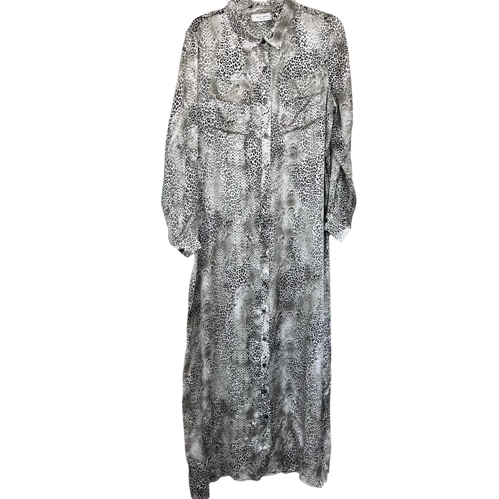 LOLA + SOPHIE Lola & Sophie Gray Silk Leopard Animal Button Maxi Dress Size L / US 10 / IT 46 - 1 Thumbnail