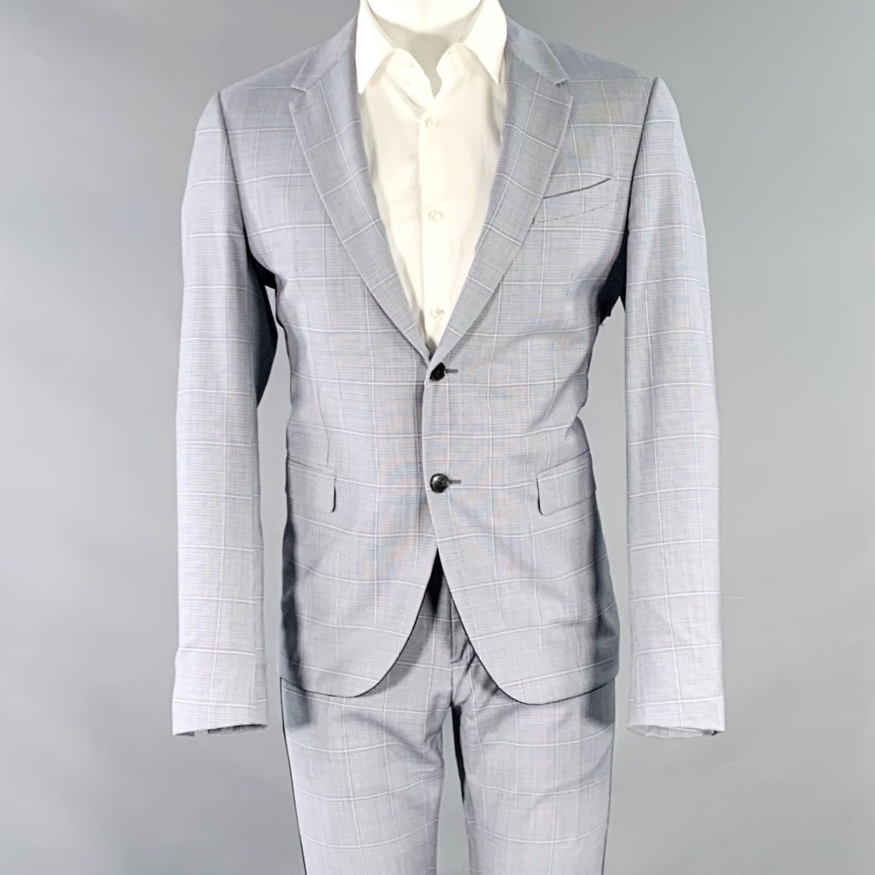 Valentino VALENTINO Suit Size 38 Blue Grey Plaid Wool Notch Lapel Size 38R - 2 Thumbnail