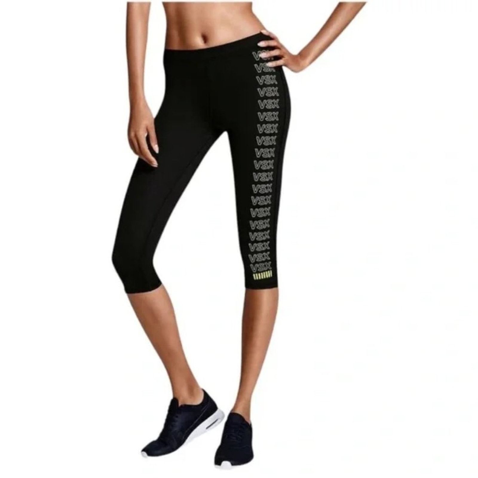 Victoria's Secret VICTORIA’S SECRET Black & Yellow Cropped Leggings Sz Sm Size 26" / US 2 / IT 38 - 1 Thumbnail