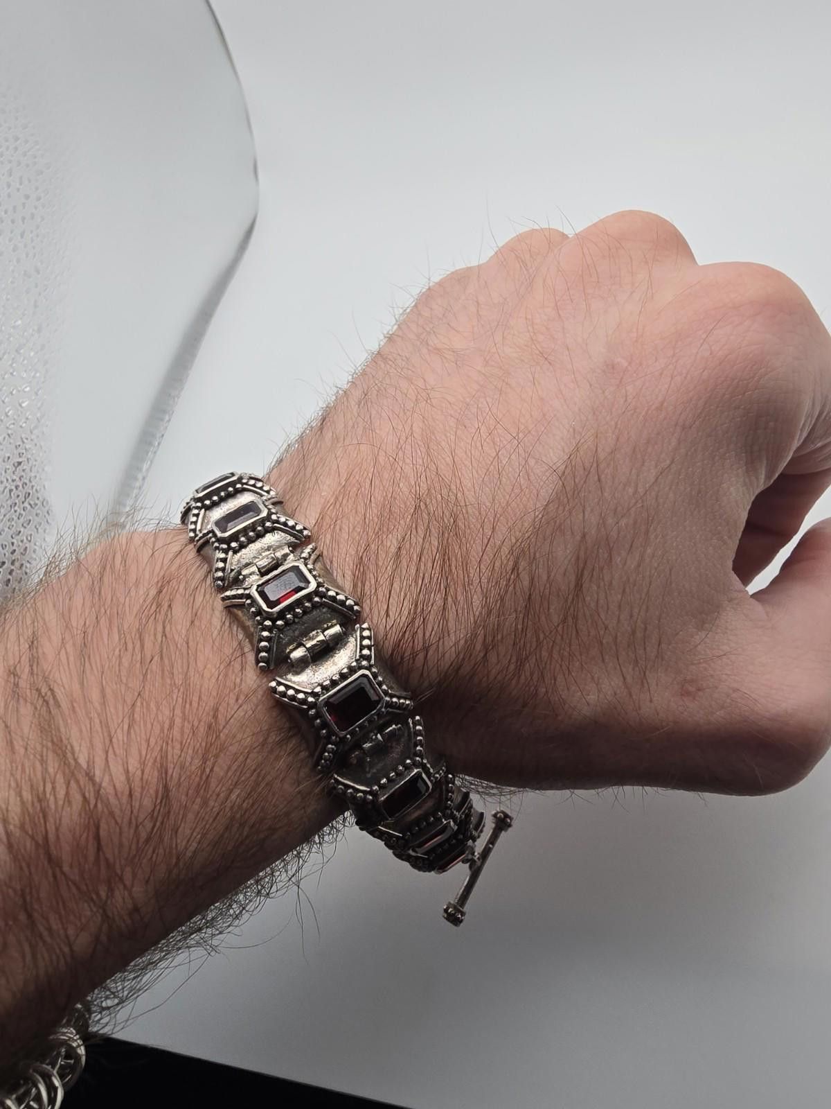 Chalk Line Vintage 925 Sterling Silver Garnet Link Bracelet 7.5" Heavy Size ONE SIZE - 2 Thumbnail