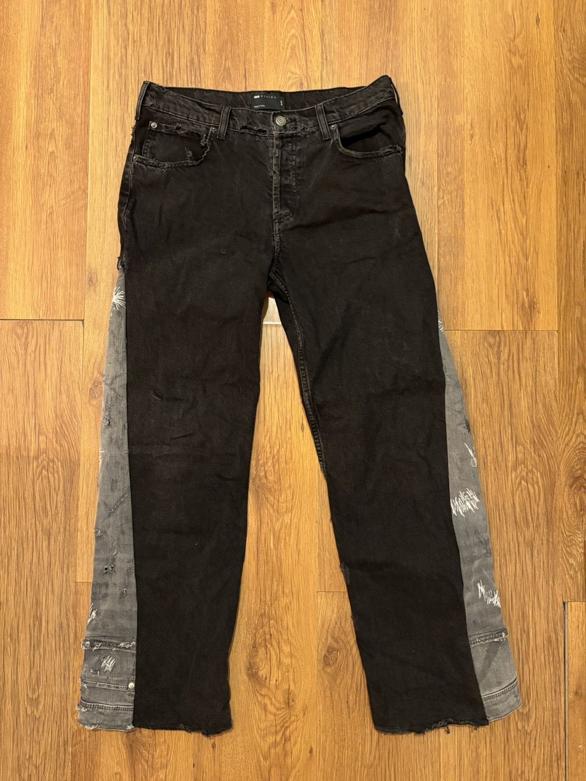 Japanese Brand Black Upside Down Flared Destroyed and Repaired Denim Size US 35 - 1 Thumbnail
