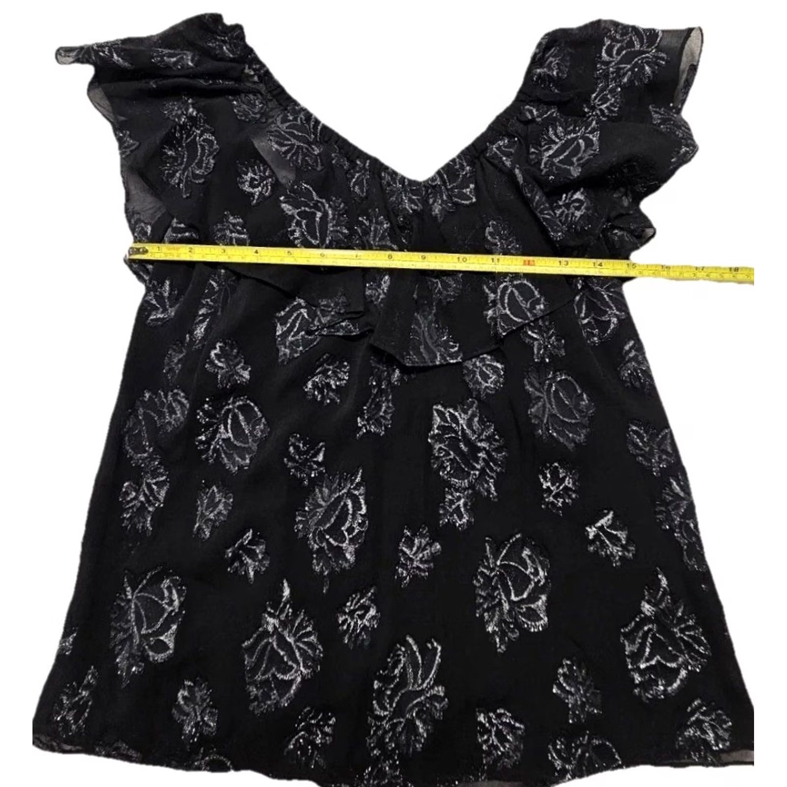 Vintage VINTAGE Rebecca Taylor Blouse Womens 0 Black Off Shoulder Floral Shimmer Silver 90s Size XS / US 0-2 / IT 36-38 - 4 Thumbnail