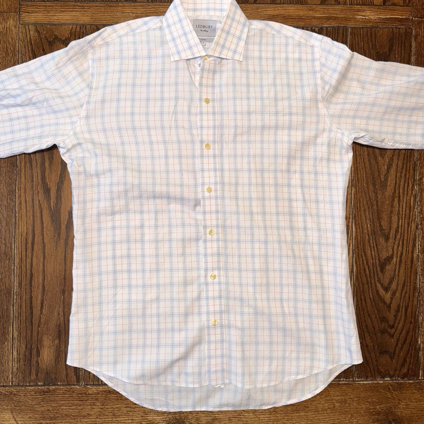 Pinko Ledbury Shirt Long Sleeve Button-Up Plaid Slim Fit Large 17 White Blue Pink Men Button Front, 100% Cotton, Regular 32.5x24.5, Slimming Size US XL / EU 56 / 4 - 2 Thumbnail