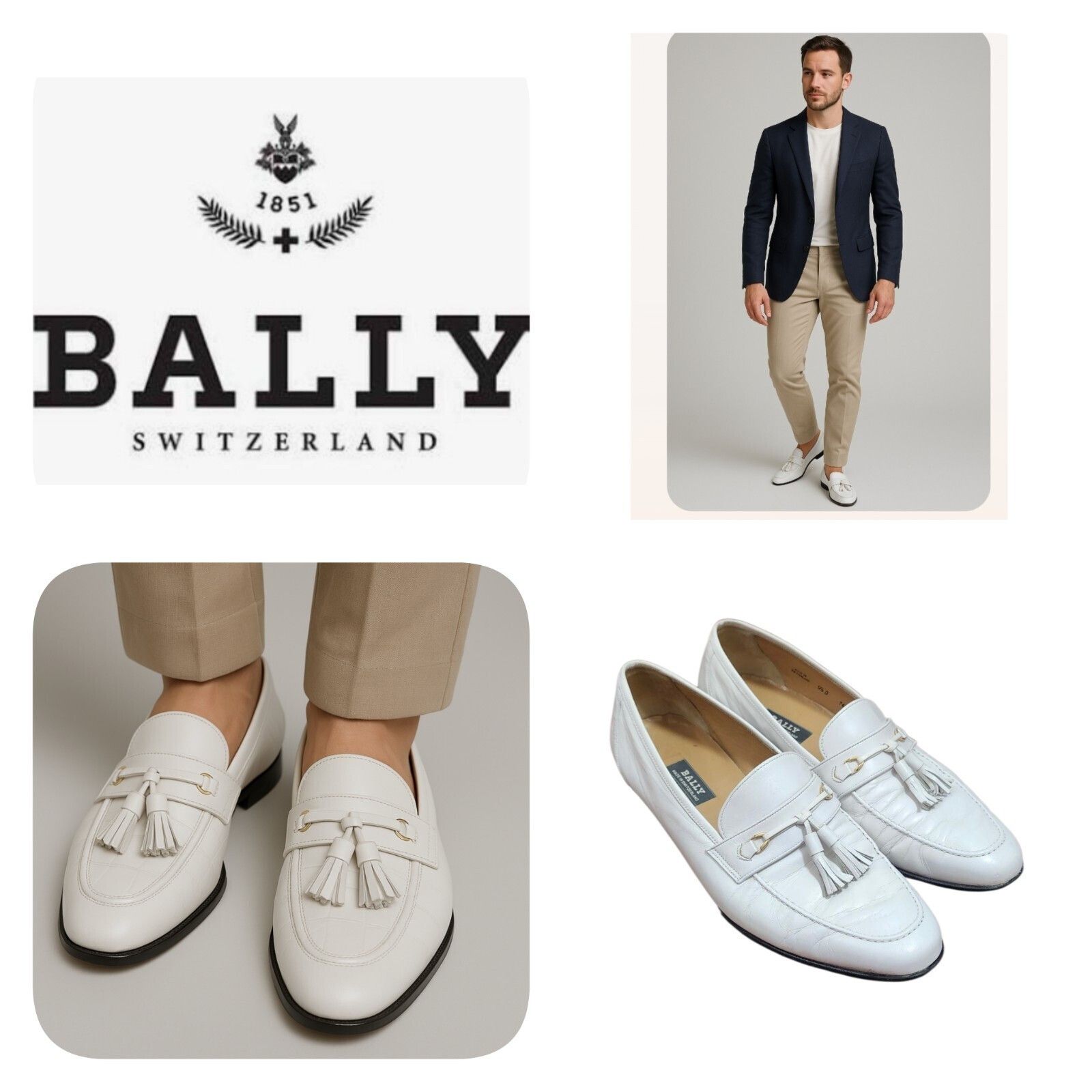 Vintage Bally Switzerland White Leather Tassel Loafer Shoes, Men's (Size 9.5)