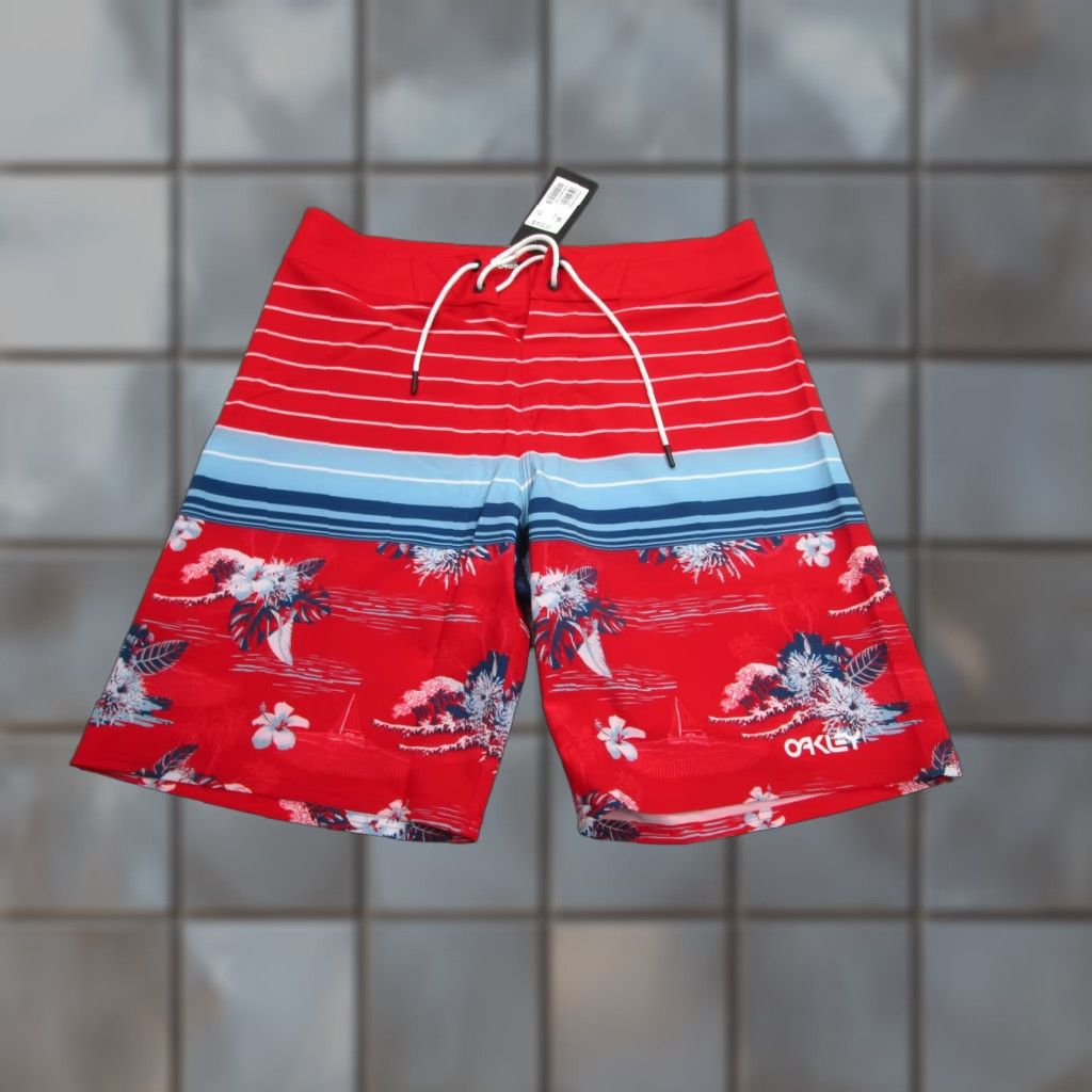 Oakley Oakley Board Shorts Mens 31 Red Hawaiian Floral Surf Trunks - Retro Bloom 20 - 4-Way Stretch Water-Repellent Drawstring Back Pocket Size US 31 - 1 Thumbnail