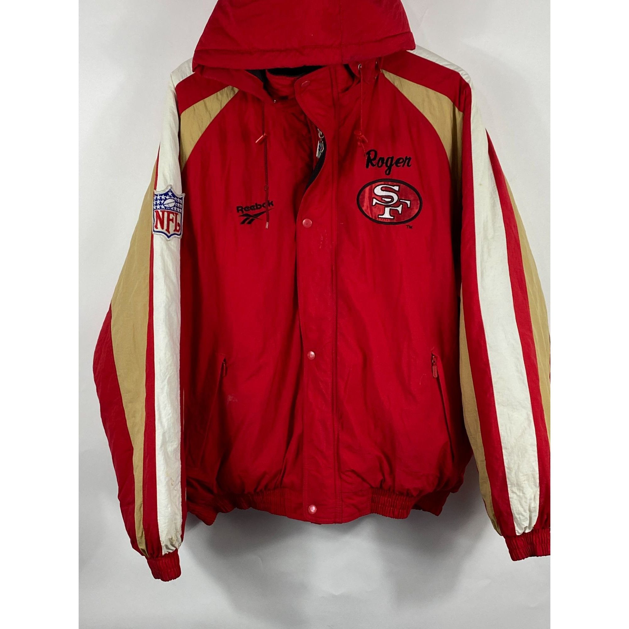 Image of Vintage Pro Line Reebok Nfl Sf 49Ers Quilt Lined Removable H in Red, Men's (Size XL)