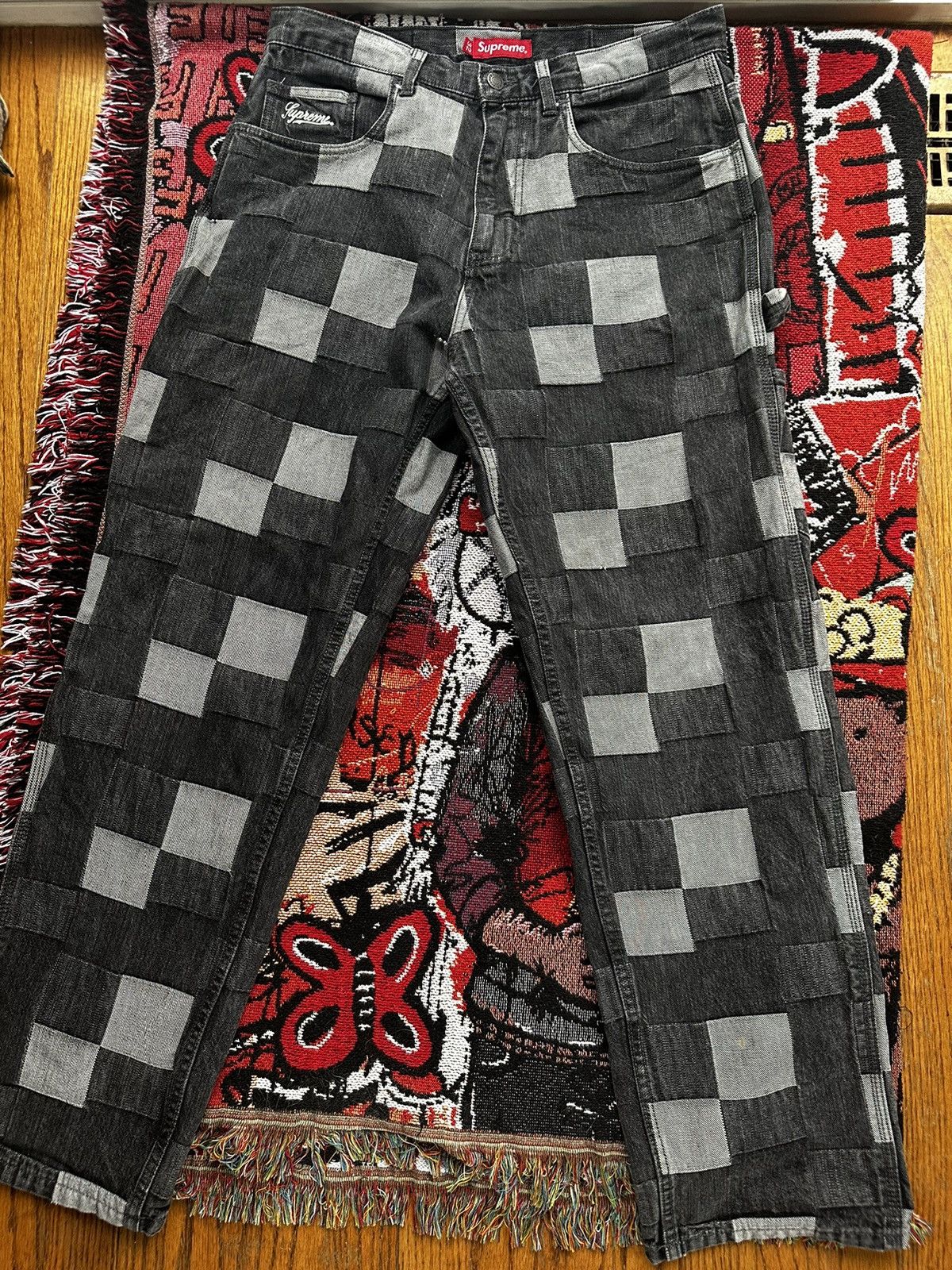 image of Hype x Supreme - Patched Denim Pants in Black/Grey, Men's (Size 32)