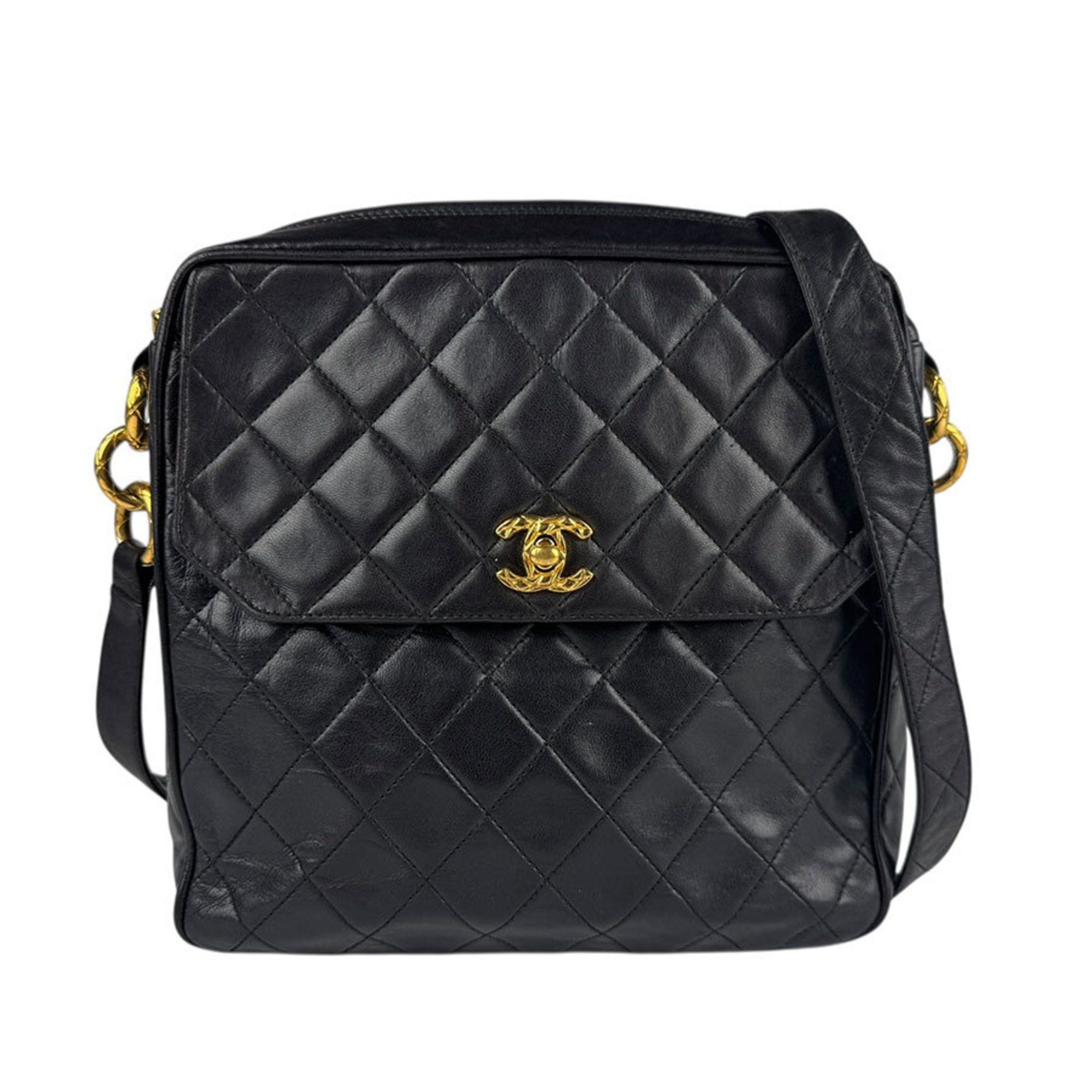 Chanel Shoulder Bag Leather Black Gold Women's Z5471