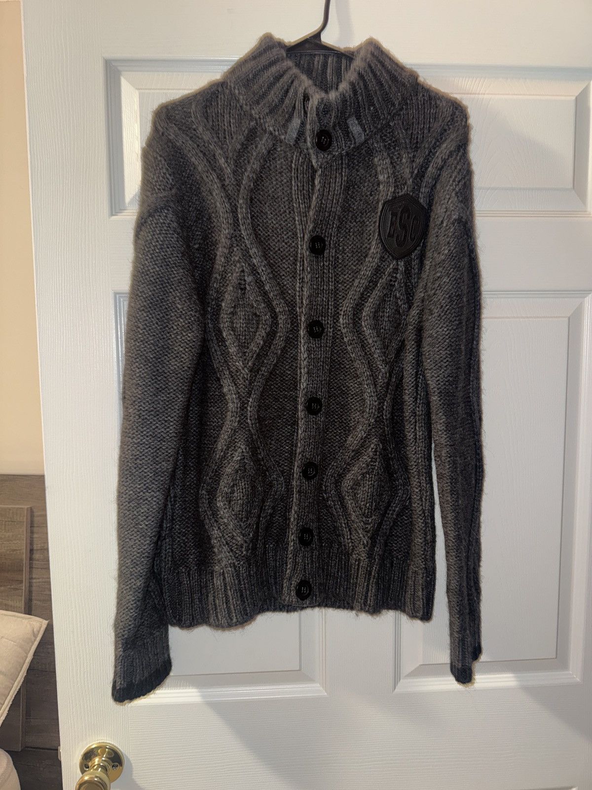 Energie Energie Chunky Cable Knit Sweater Jacket – Charcoal Gray (L) Size US L / EU 52-54 / 3 - 1 Thumbnail