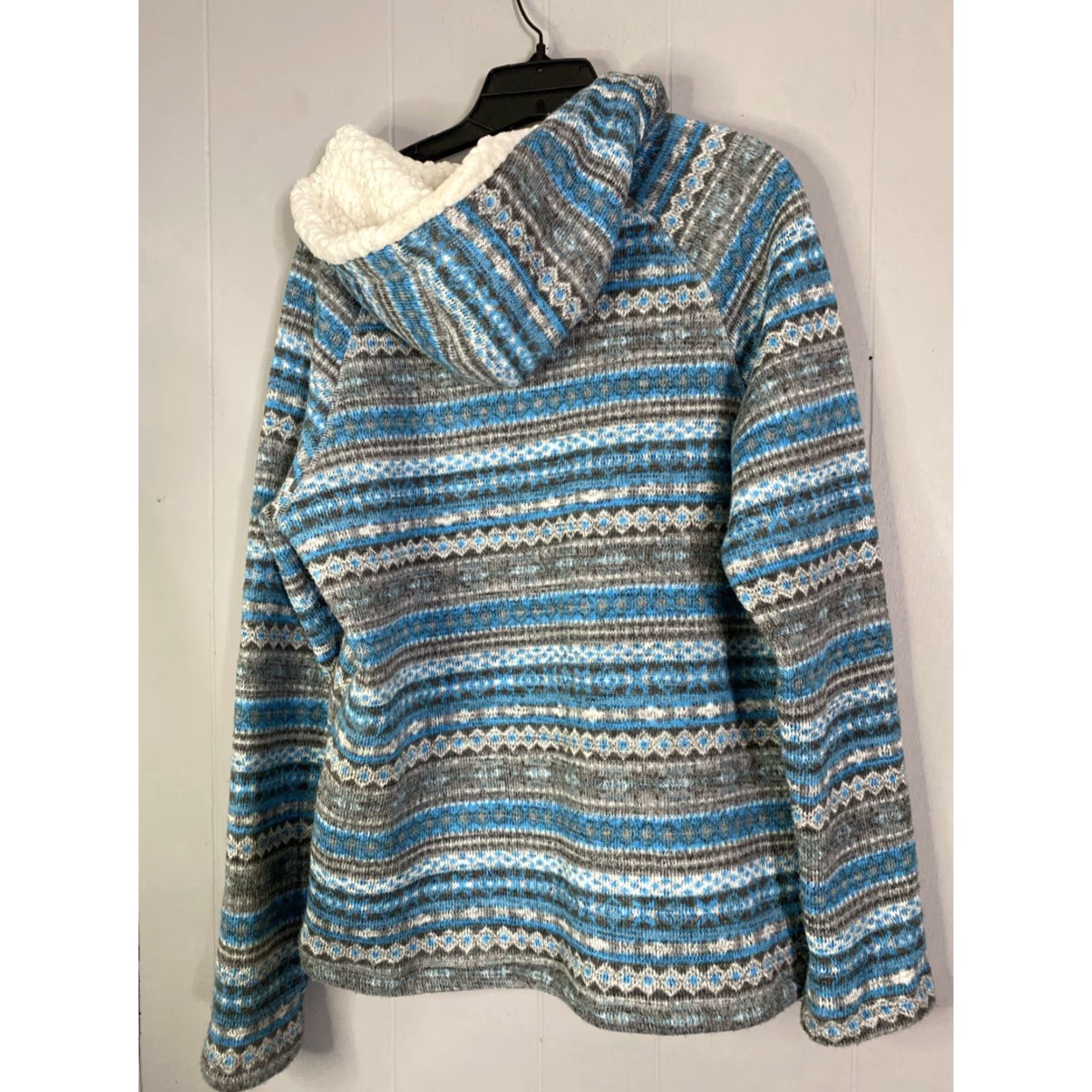 Vintage Koppen Sweater Womens XL Blue White Aztec Pattern Hoodie Pockets Sherpa 23x27 Size XL / US 12-14 / IT 48-50 - 3 Thumbnail