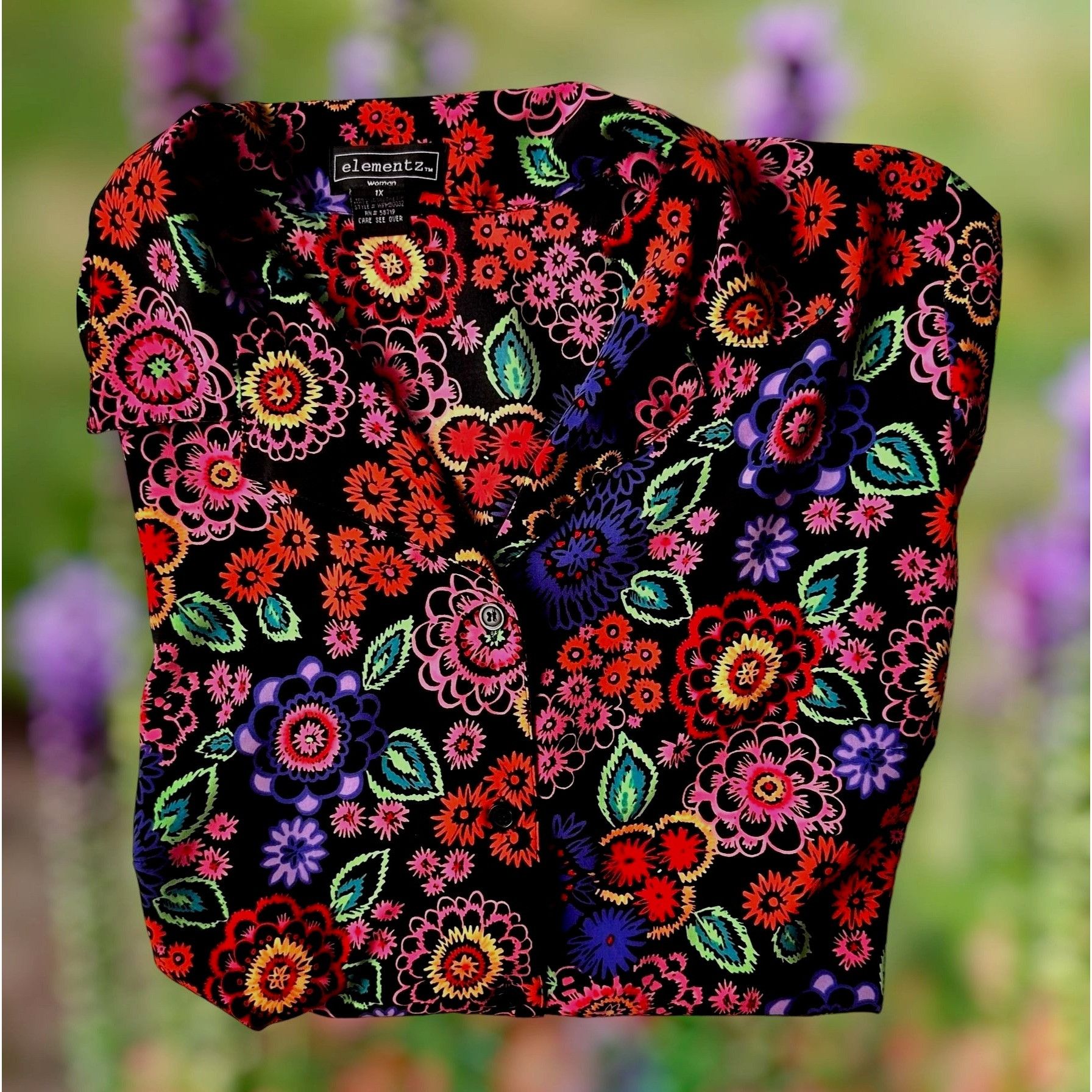 Vintage VTG Elementz Blouse Woman 1X Black Floral Shirt Button Short Size XL / US 12-14 / IT 48-50 - 7 Thumbnail