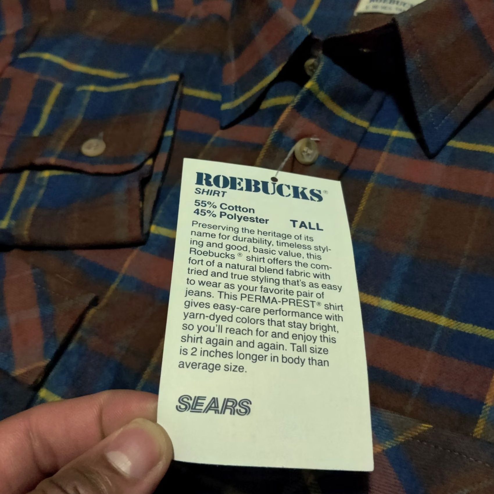 Vintage Roebuck & Co. Shirt Mens L Tall Flannel Button-Up Heavy Plaid New Old Stock, Men's — image 3 of 6