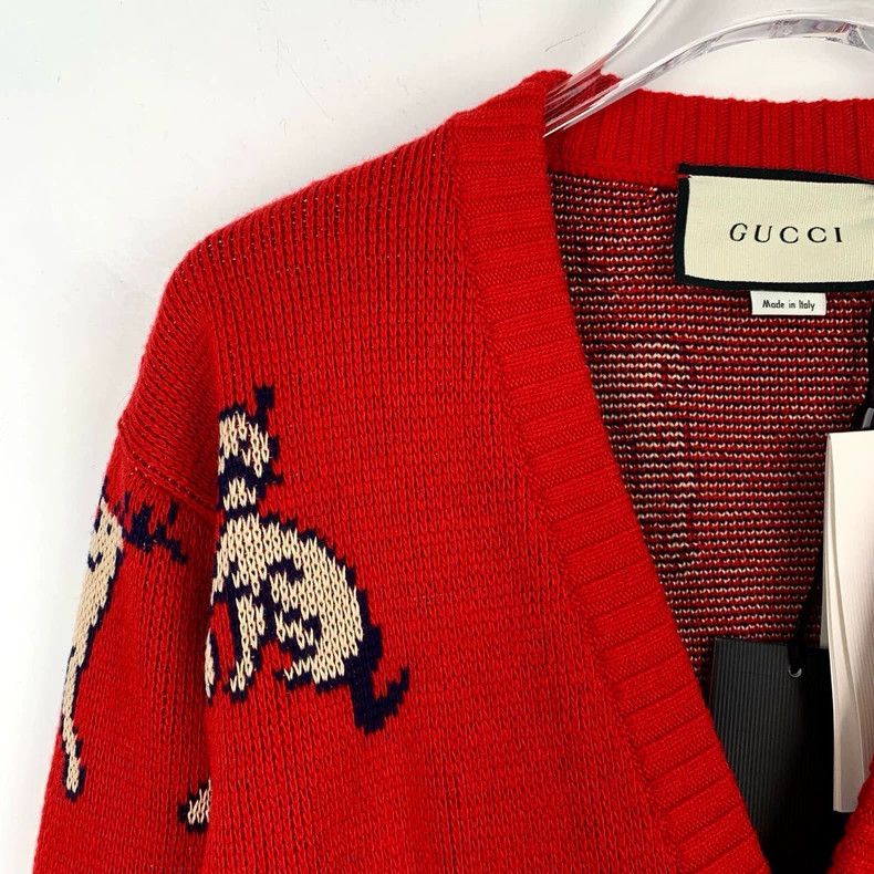 Gucci Gucci Logo animal jacquard red wool knitted cardigan jacket Size US XS / EU 42 / 0 - 3 Thumbnail
