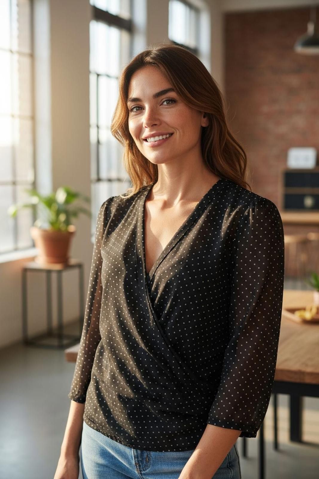 Designer Liz Claiborne Black Polka Dot Women's Wrap Top w 3/4 Sleeves Size M / US 6-8 / IT 42-44 - 2 Thumbnail