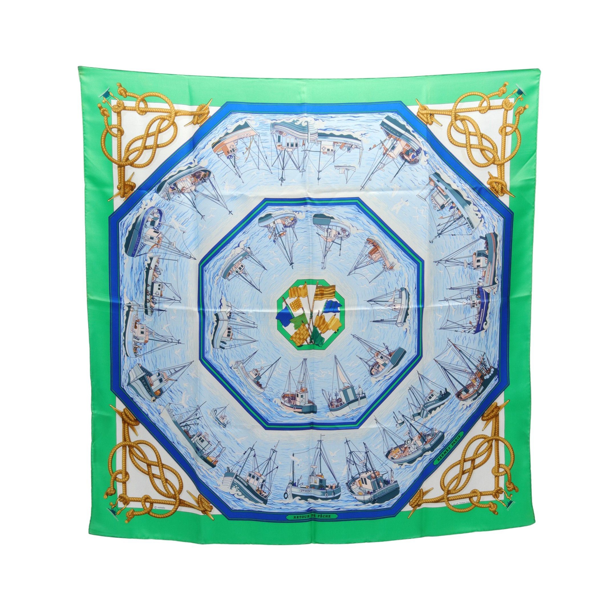 Hermes Hermes Carres 90 Retour De Peche Scarf Silk Green Multicolor Size ONE SIZE - 1 Thumbnail