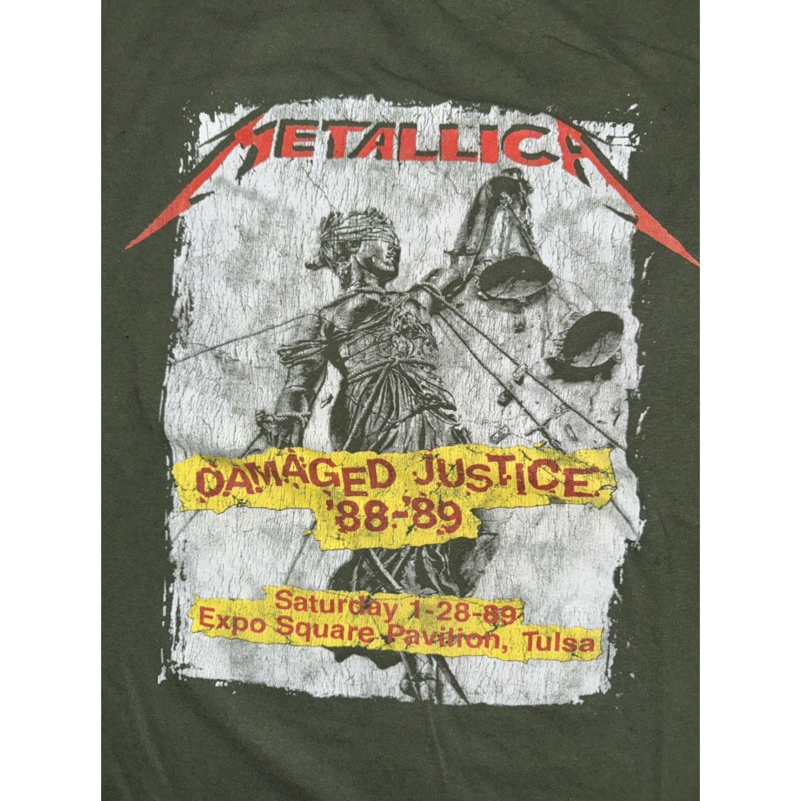 Vintage Metallica Damaged Justice 88-89 Tour Graphic T-Shirt Green Medium Band Tee Mens Shirt 90s Rock Graphic Print Vintage Size US M / EU 48-50 / 2 - 2 Thumbnail