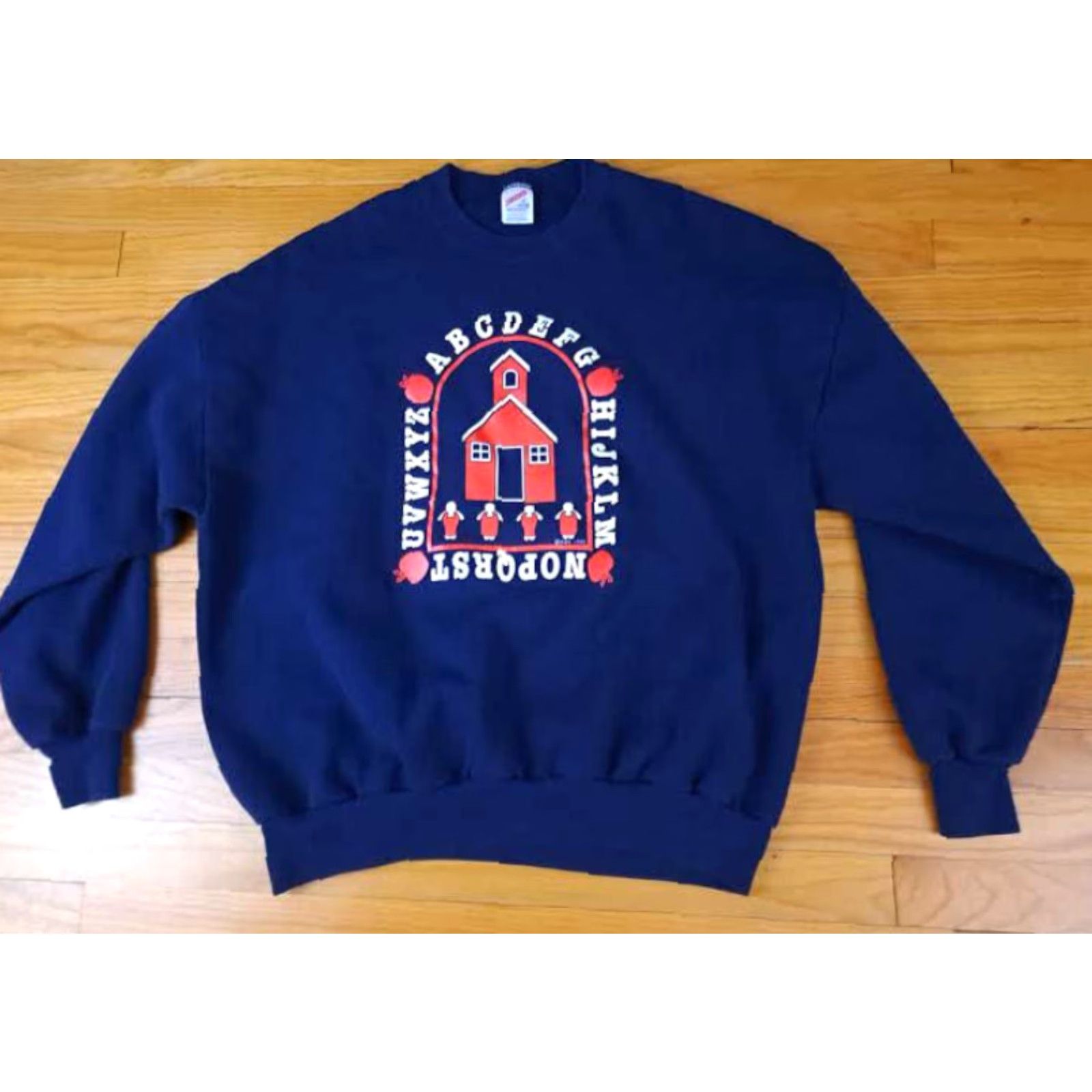 Jerzees VINTAGE Jerzees Sweatshirt 3XL Navy USA Made 1990 Schoolhouse Alphabet Teacher Unisex Adults Pullover Blue Canvas Shirt Keywords Size US XXL / EU 58 / 5 - 2 Thumbnail