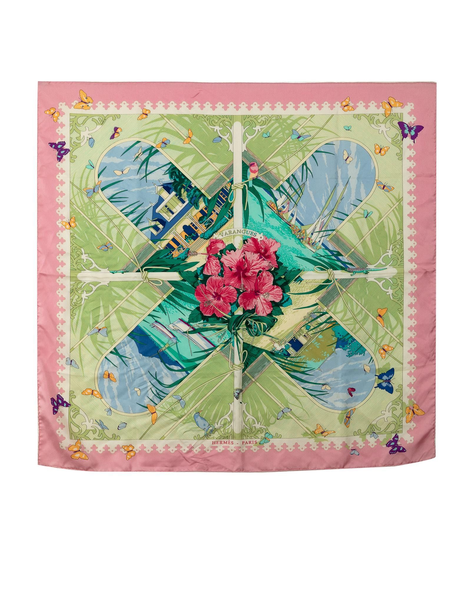 image of Hermes Printed Silk Scarf in Green, Women's