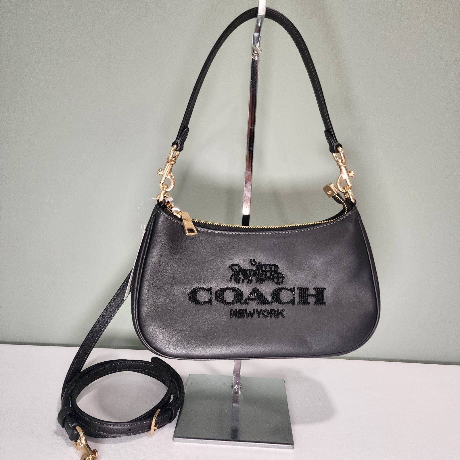 Coach COACH CCE86 Teri Shoulder Bag Beaded Graphic Smooth Black Size ONE SIZE - 1 Thumbnail
