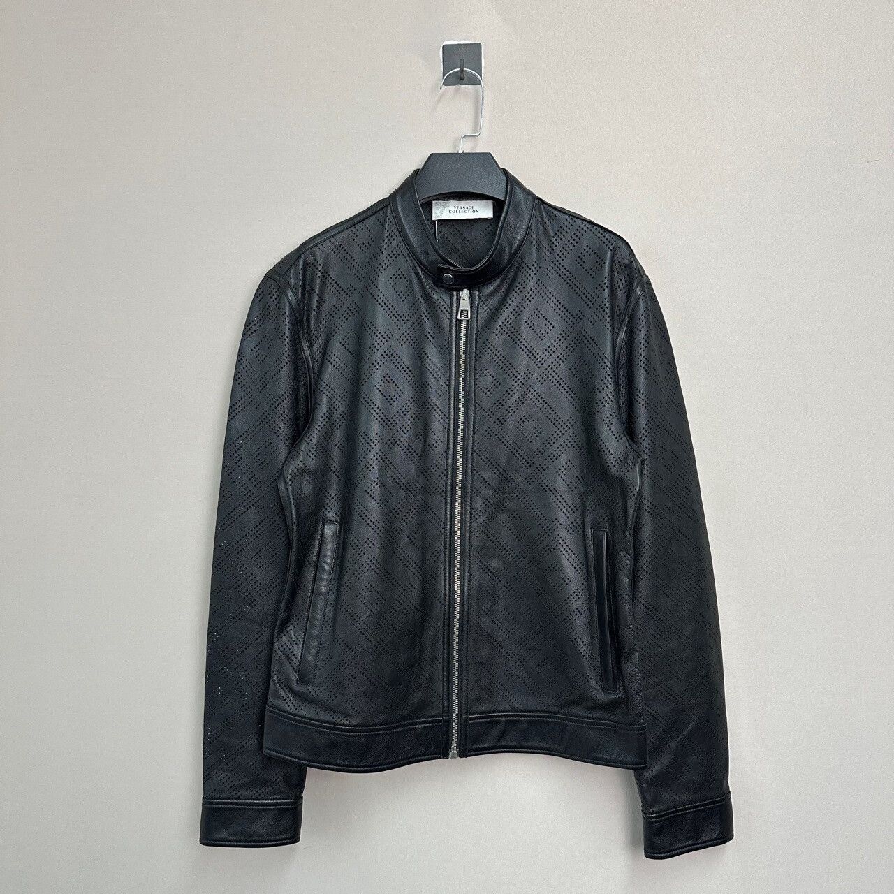 Versace Black Perforated Leather Jacket Size 46