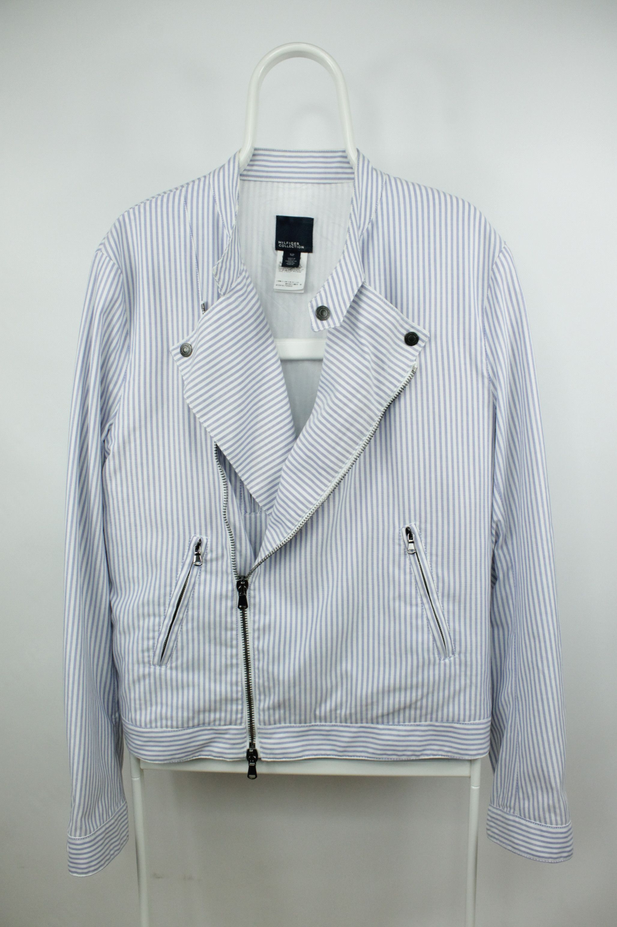 Tommy Hilfiger Hilfiger Collection White/Blue Striped Cotton Biker Jacket Size US L / EU 52-54 / 3 - 1 Thumbnail