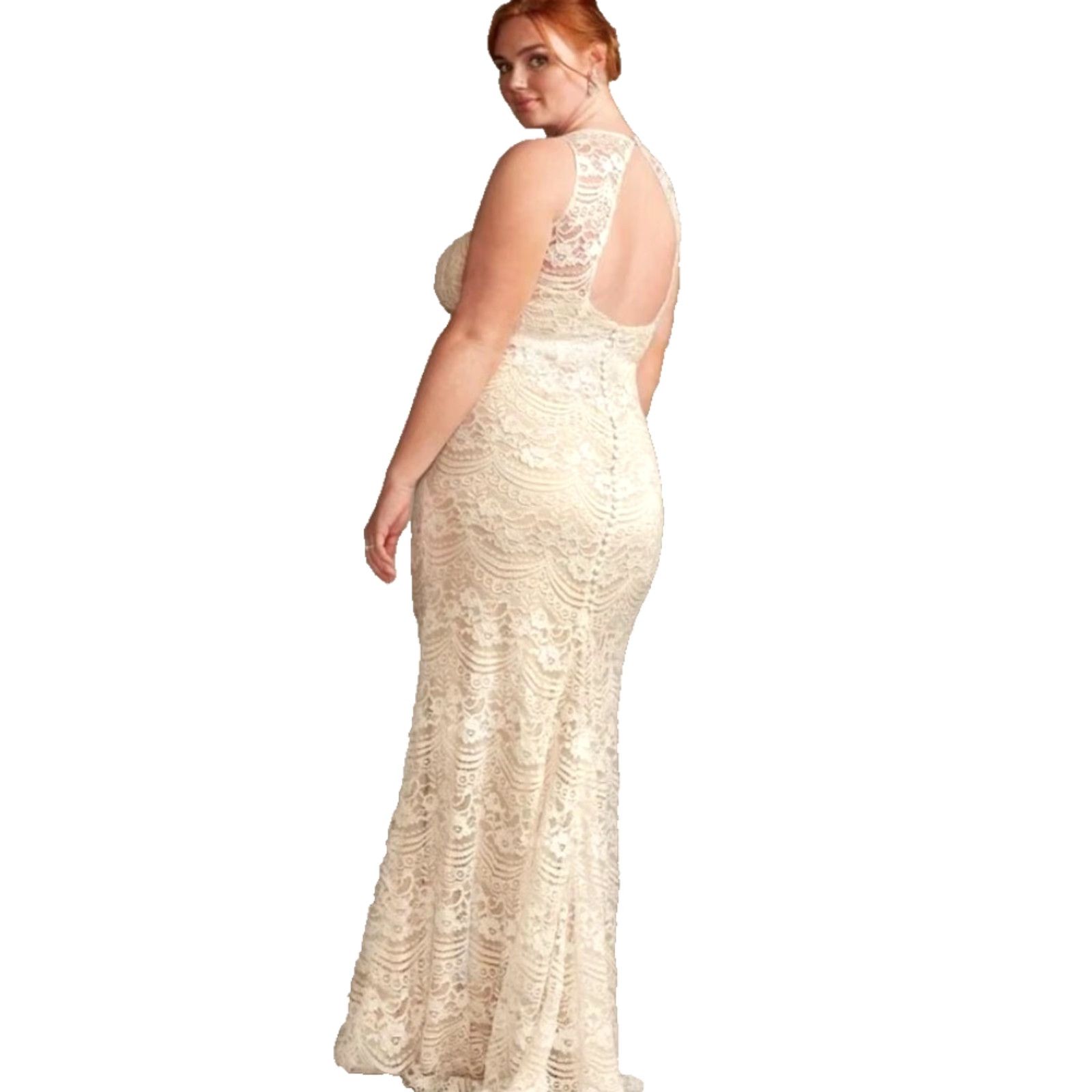 Vintage NWT Melissa Sweet Ivory Illusion Plunge Lace Sheath Open Back Wedding Dress 26W Size 26 - 2 Thumbnail