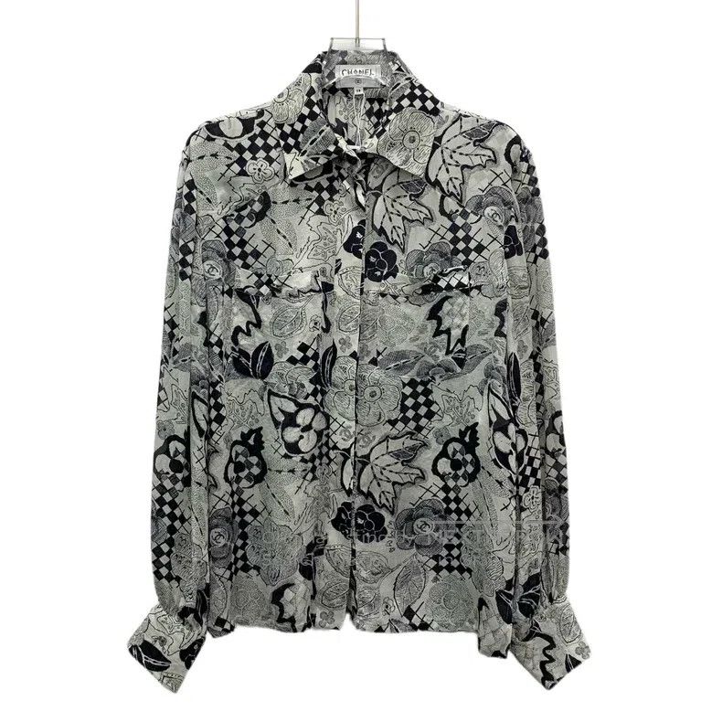 Chanel Gray camelia graffiti printed silk lapel long-sleev