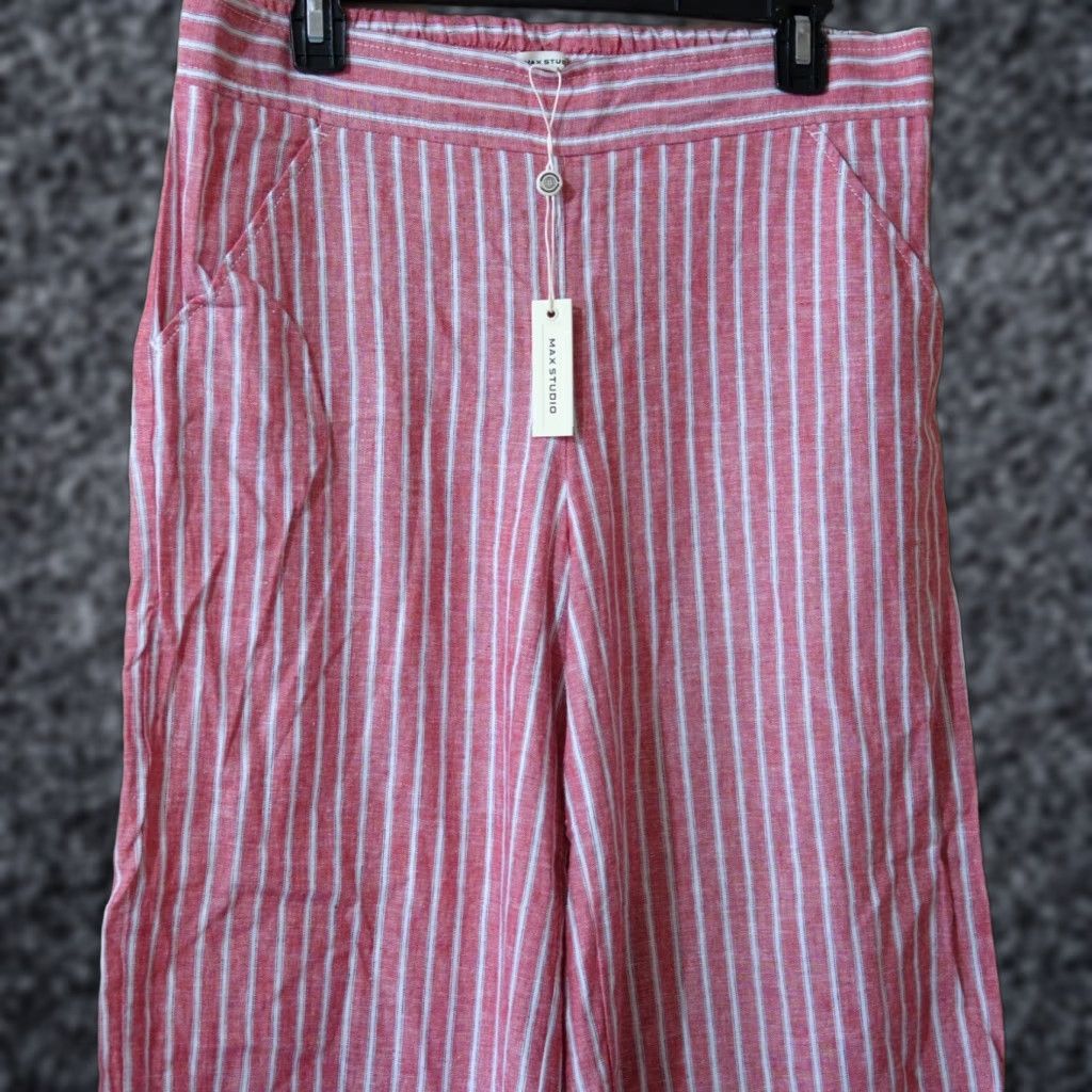 Vintage NWT! Max Studio Linen Blend Crop Pants Wide-Leg Red/White Women's L Pants Cropped Wide-Leg Cotton Linen Red/White Women L Size 36" / US 14 / IT 50 - 1 Thumbnail