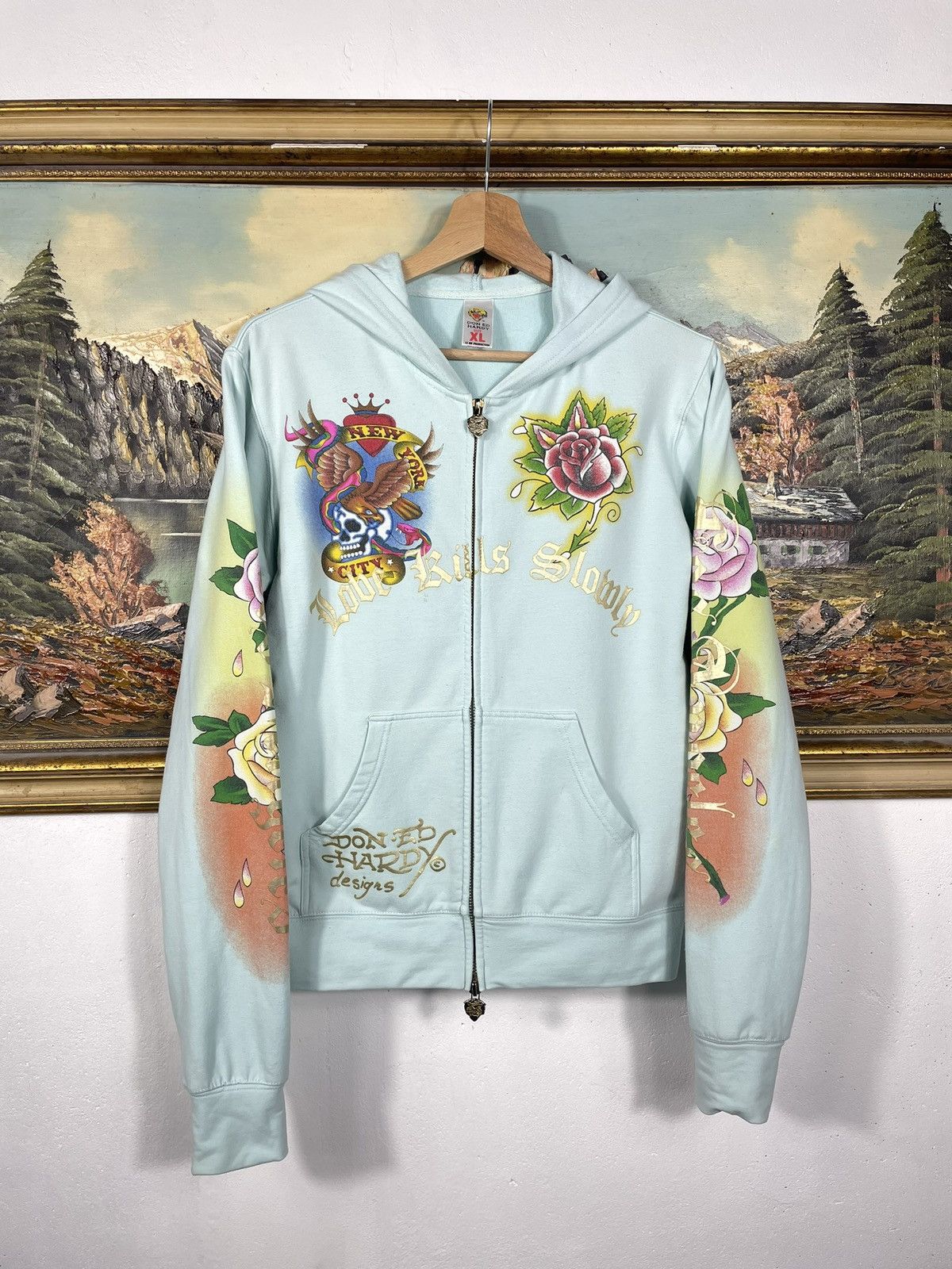 Christian Audigier × Ed Hardy × Vintage Ed Hardy Retro 00s Hoodie With Crystals Affliction Grunge Size US S / EU 44-46 / 1 - 2 Thumbnail