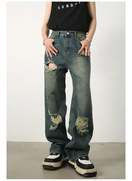 VIBE Japanese retro wide-leg loose straight-leg ripped jeans Size US 32 / EU 48 - 2 Thumbnail